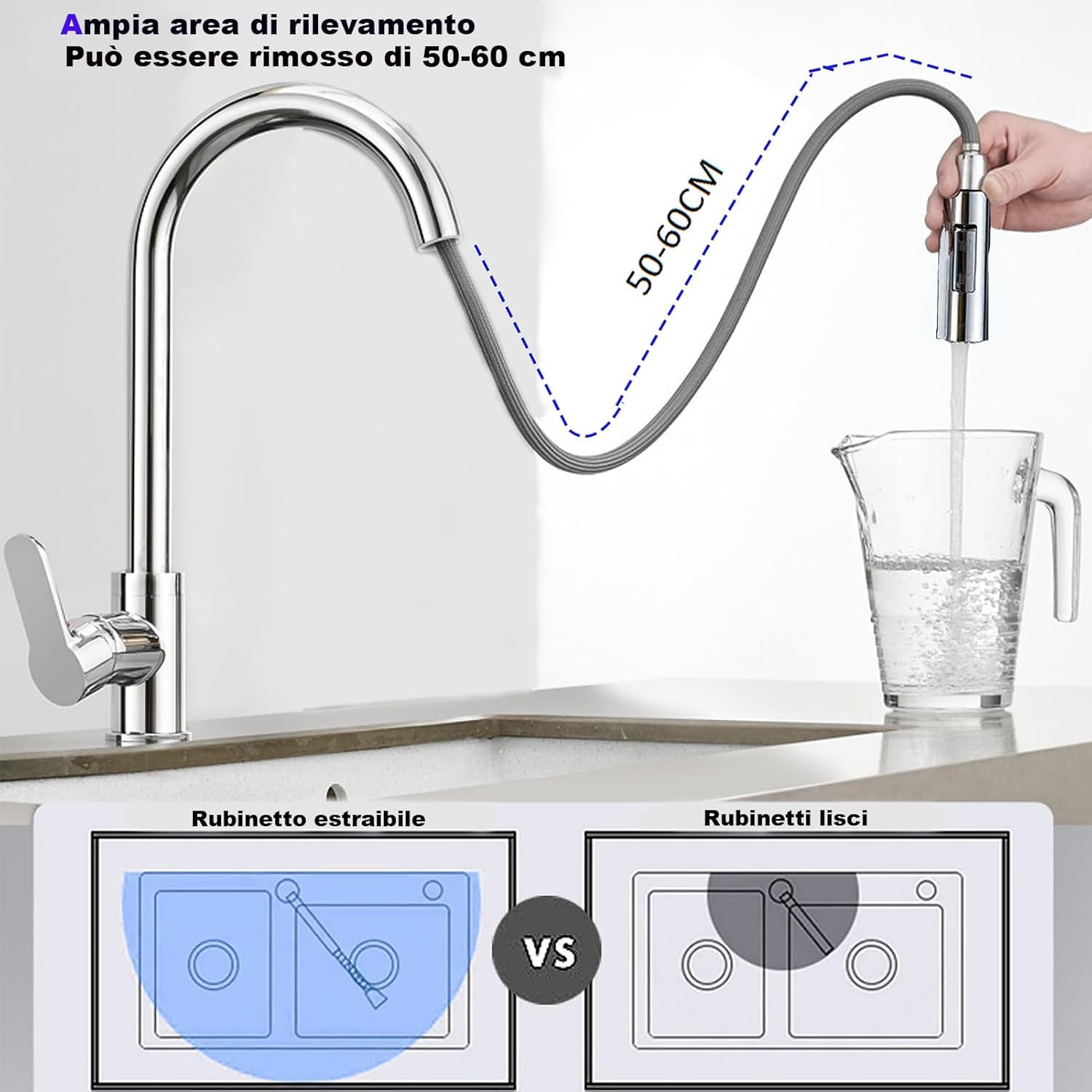 XWIHTR rubinetto da cucina estraibile a scomparsa, rubinetto da cucina girevole a 360°, miscelatore da cucina in acciaio inox a 2 modalità, rubinetto per lavello da cucina (cromato)