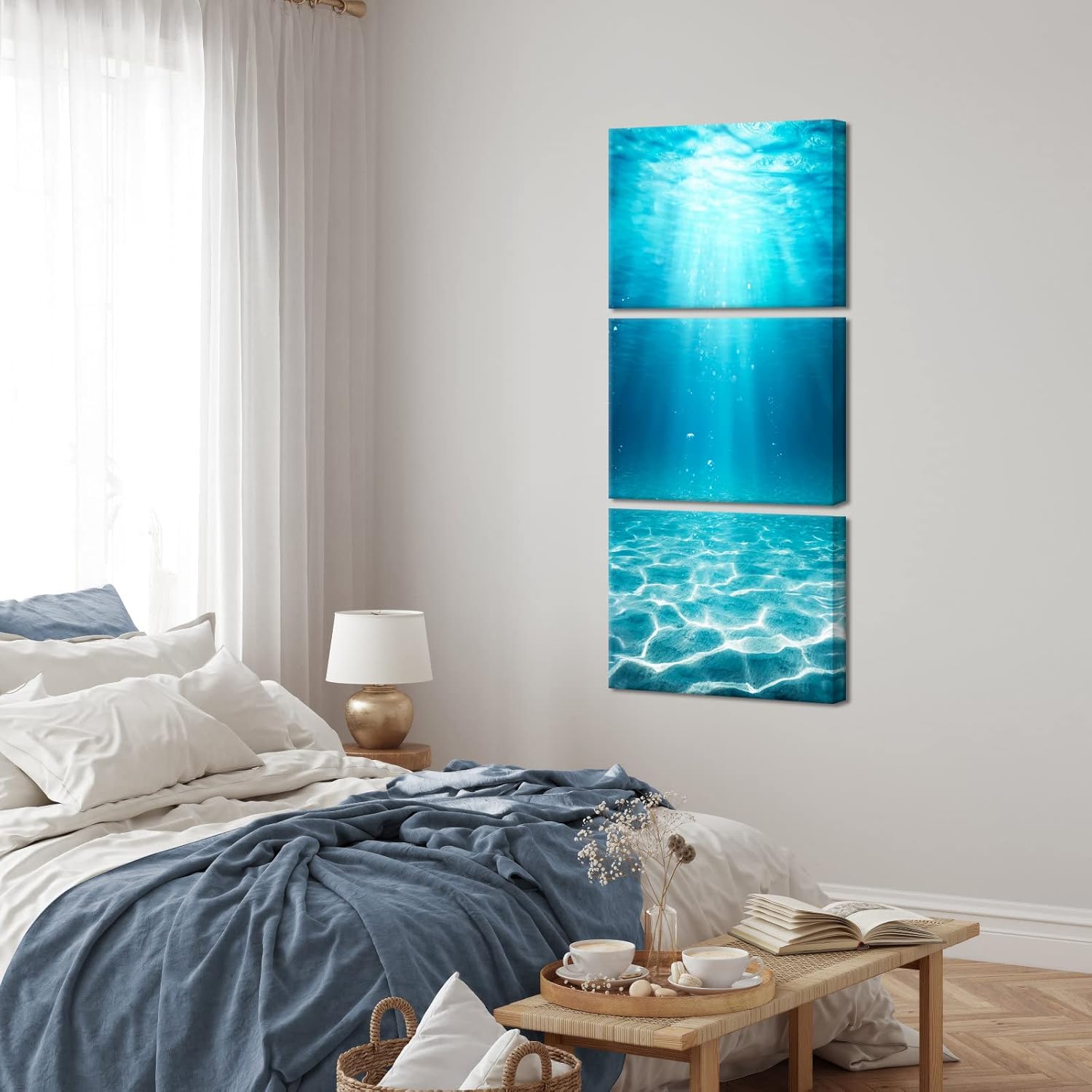 Fochorlo 3 Pieces Ocean Wall Art Underwater Picture Blue Wall Decor for Bathroom Bedroom Living Room Ready To Hang (Medium)