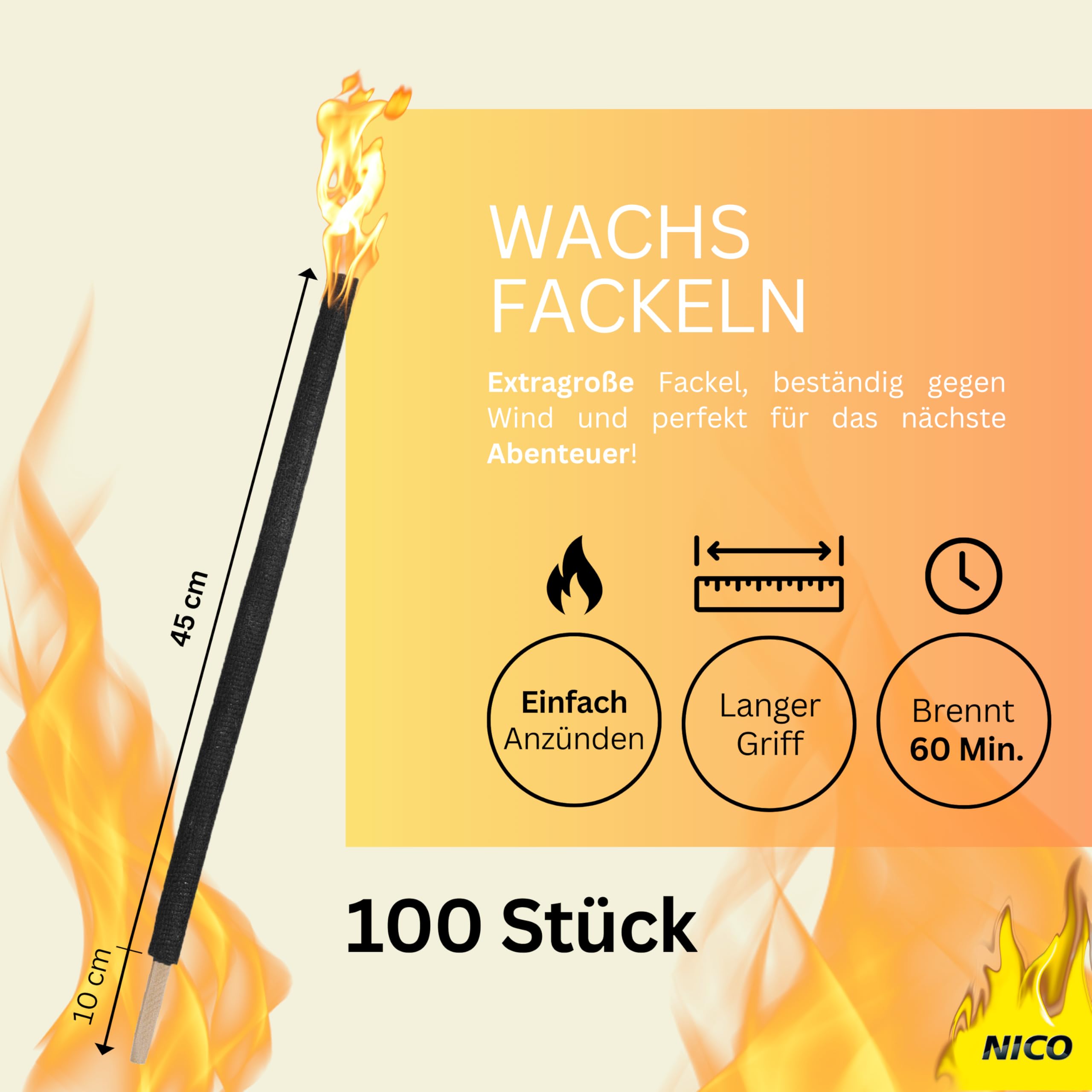 100 Stück Wachsfackeln, Brenndauer 60 Min. I hochwertige Fackeln aus Wachs mit Handschutz I Garten-Fackel für Outdoor Party, Event, Nacht-Wanderung