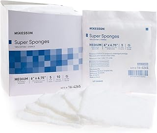 McKesson Super Sponges, Sterile, 100% Cotton, Fluff Dressing, 6 in x 6 3/4in, 5 Per Pack, 10 Packs, 50 Total