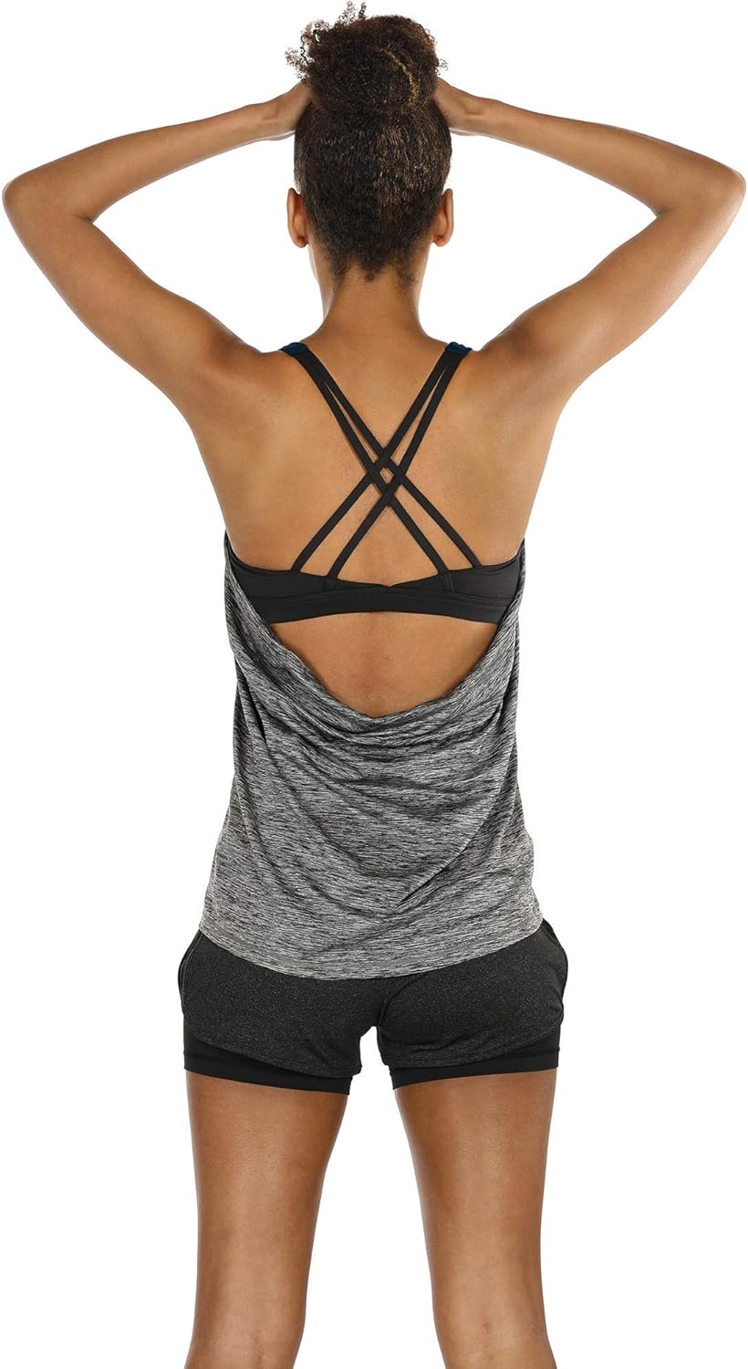 icyzone Workout Tank Tops Built in Bra - Women's Strappy Athletic Yoga Tops, Exercise Running Gym Shirts