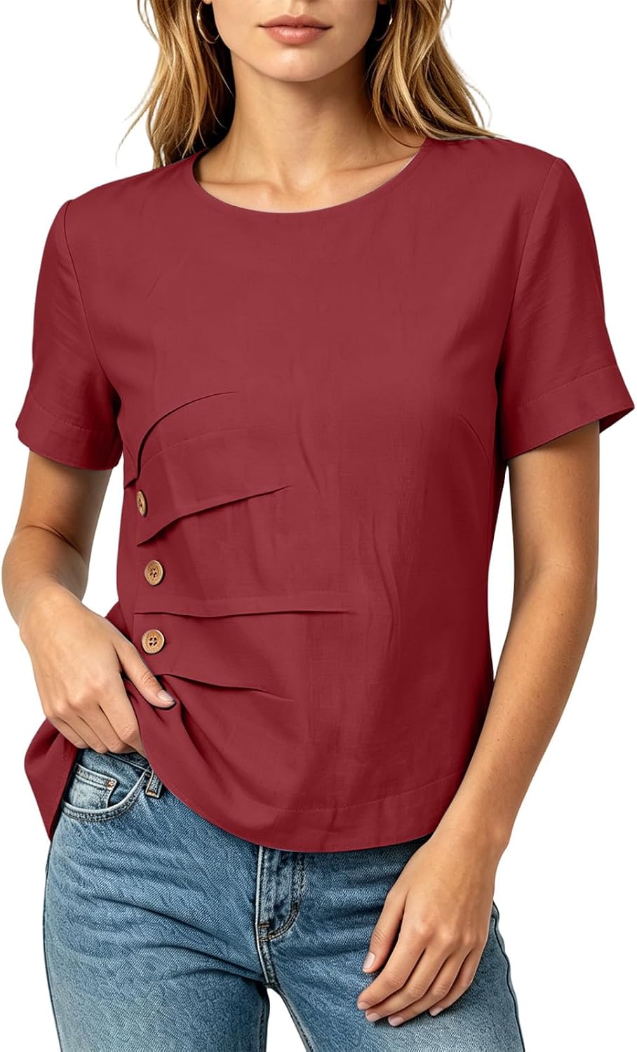 Women's Casual Round Neck Tops Short Sleeve Loose Fit Button Basic Blouses Summer Ruched Fashion Solid Color Shirts