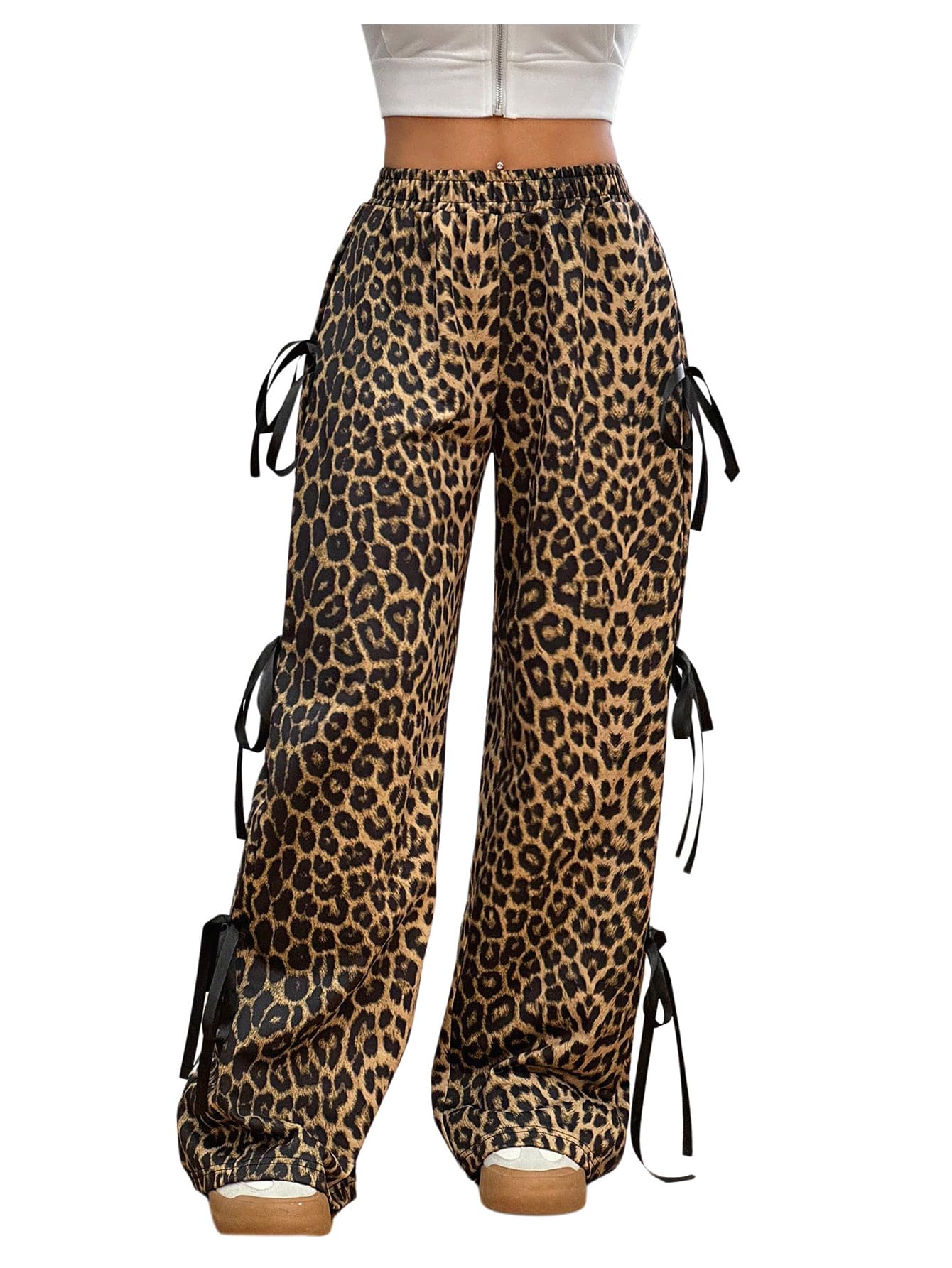 COZYEASE Girl's Leopard Bowknot Y2K Pants Wide Leg Elastic Waist Baggy Trousers with Pockets Khaki 10Y