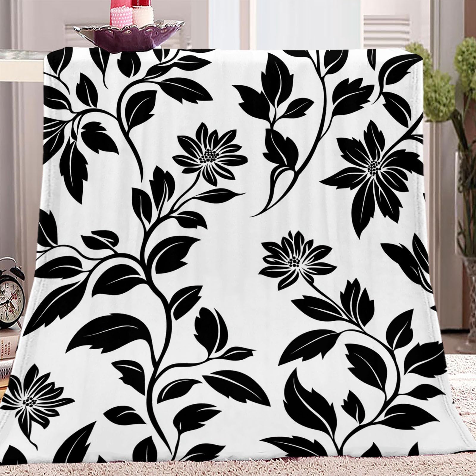 Koc polarowy 220 x 240 cm Pojedynczy koc w linie kwiaty 3D nadruk w kratę Czarny koc z mikrofibry Sherpa, miękki i wygodny gruby koc flanelowy