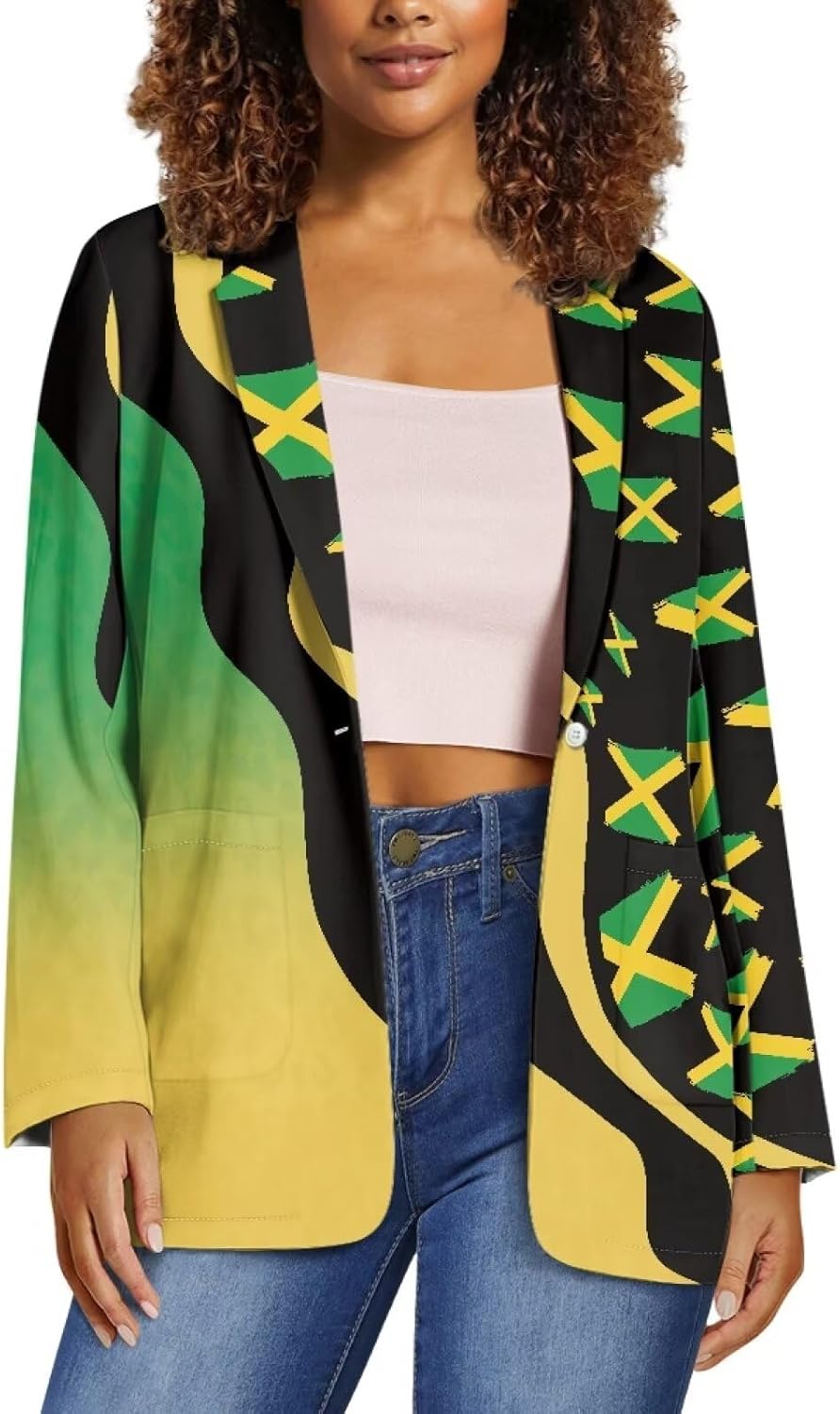 Jamaican Flag Printed Hawaiian Blazers Plus Size Suit Jacket for Women Blazers Long Sleeve Blazer with Pockets