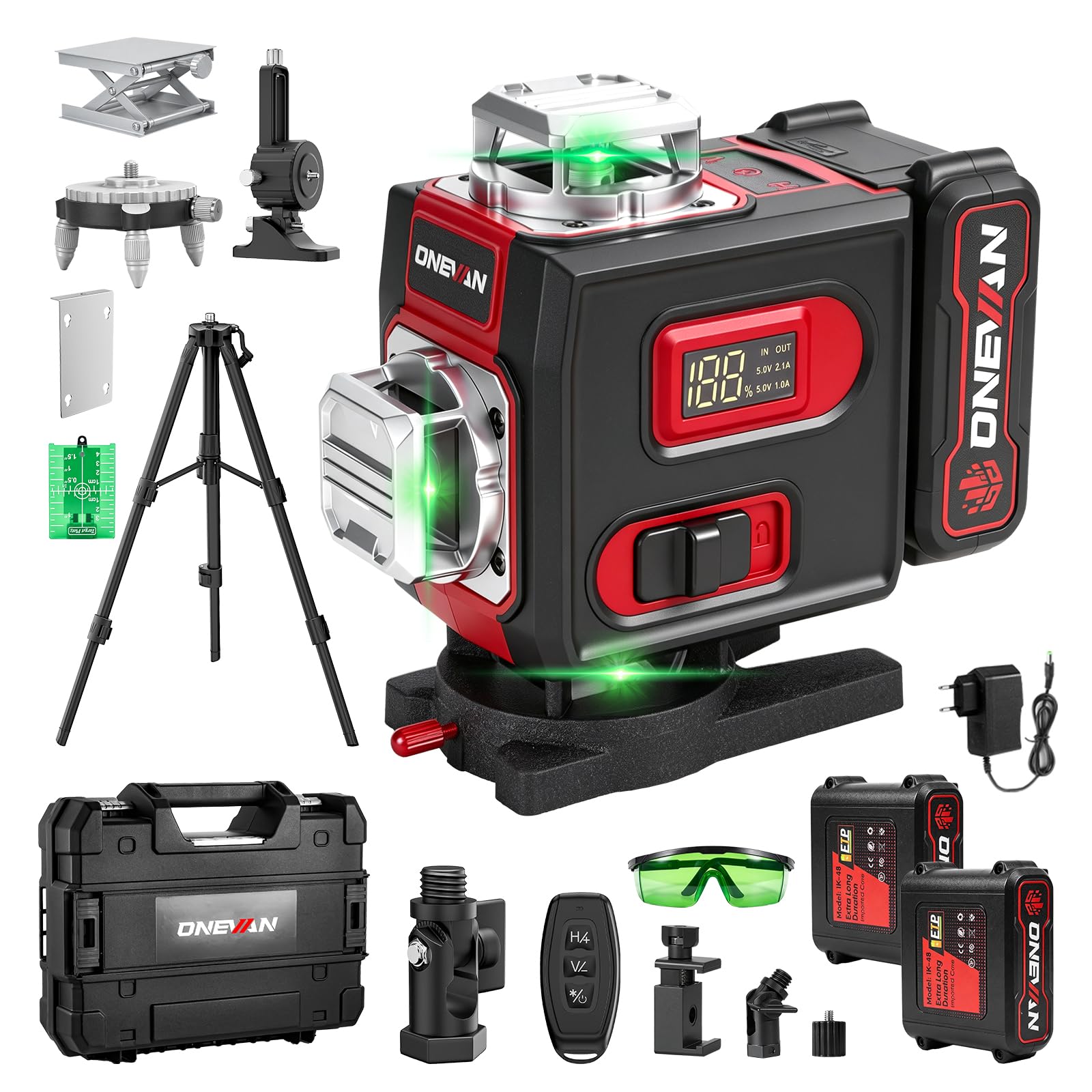 ONEVAN Nivelador Laser con Tripode, Autonivelación, 360° 4D Láser Verde | Autonivelación ±3°, 30m mando a distancia, pantalla LCD, con 2 baterías 4800mAh, para trabajos de montaje y pavimentación