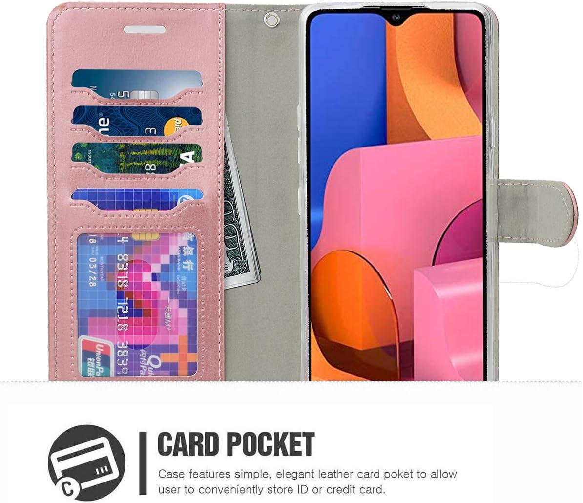 ERAGLOW for Galaxy A21 Case, PU Leather Wallet Case Flip Protective Phone Cover [Stand Feature] with Wrist Strap and [4-Slots] ID&Credit Cards Pocket for Samsung Galaxy A21 2020(Rose Gold)
