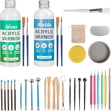 Sovol 240ml Air Dry Clay Glaze with 33pcs Clay Tools kit, Gloss & Matte Clay Varnish Protects Clay from Wear, Cracking, Scratches, Pottery Tools for Stippling, Carving, Molding, Shaping Clay Crafts