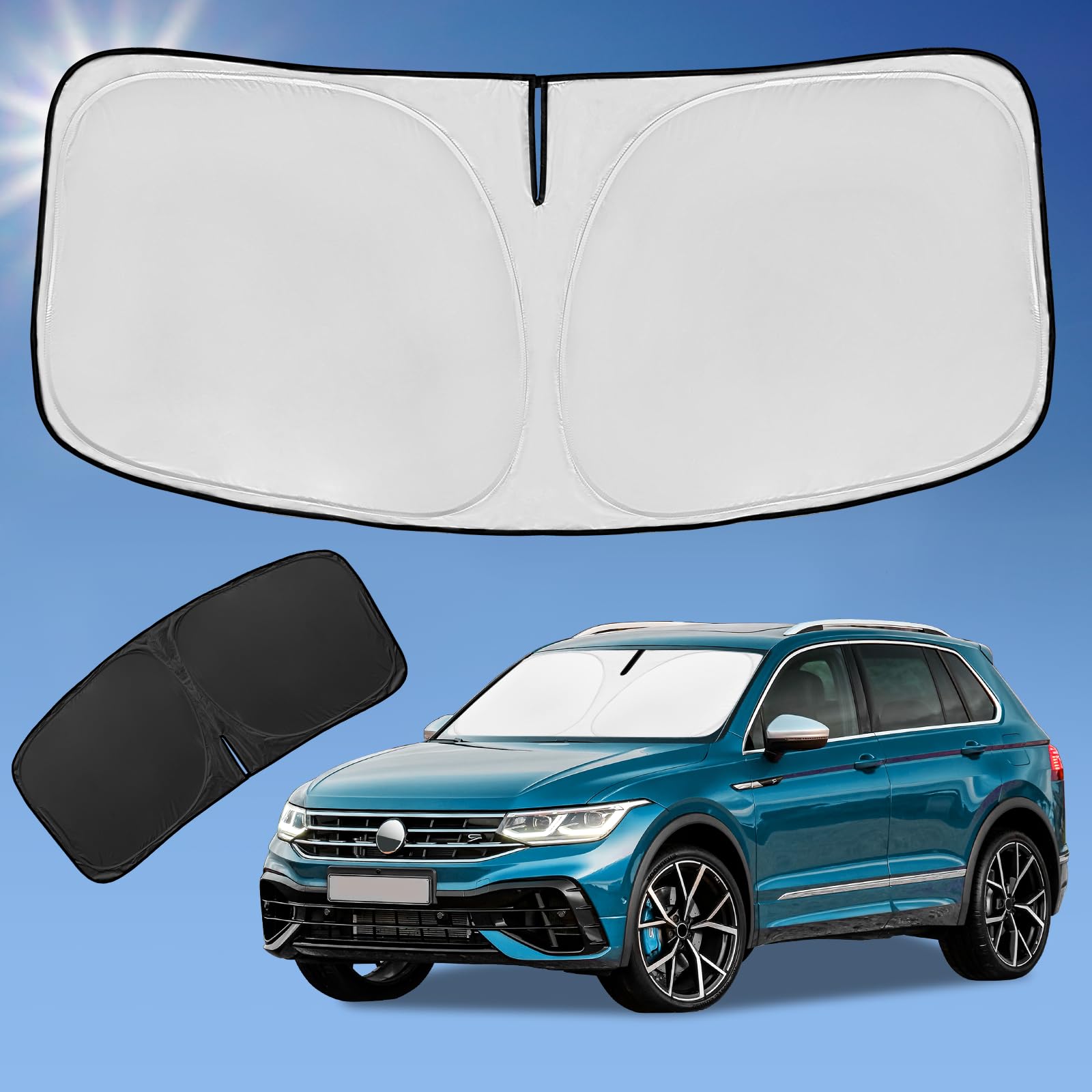 Sun Shade Sunshade for Volkswagen Tiguan 2018-2023 2024 2025 Windshield Cover, 4-Layer Front Window Shade Custom fit Tiguan Sun Visor 240T Retractable Shade Blocks UV Rays Cooler Car Accessories
