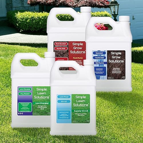 Miniatura 2 de Lawn Energizer Nitrógeno y Hierro (1 Galón) y 15-0-15 Alimentos para Césped (1 Galón) y Humo de Raíz (1 Galón) y Hume de Suelo de Algas Marinas (1
