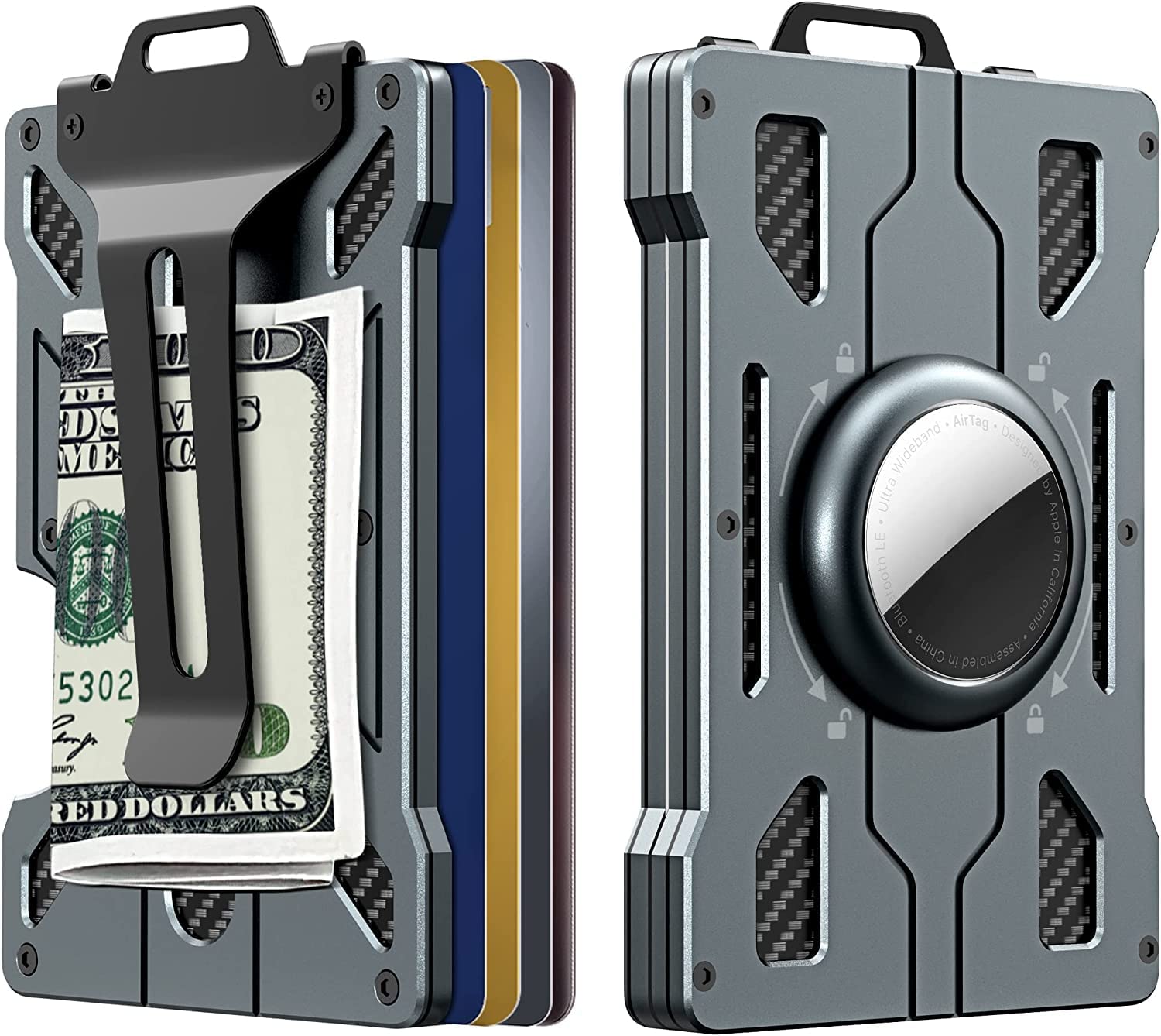Credit Card Holder with AirTag Keyring Wallet, Men's RFID Blocking Aluminum Metal Money Clip with 15 Cards Capacity Cash Clip Dad Gifts, Grey (Airtag Not Included)