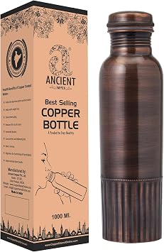 ANCIENT IMPEX Pure Copper Bottle - Premium Antique Finish 950ml 32.12 fl oz | Half Lining Pattern Ayurvedic Copper Water Bottle for Health, Detox, Hydration