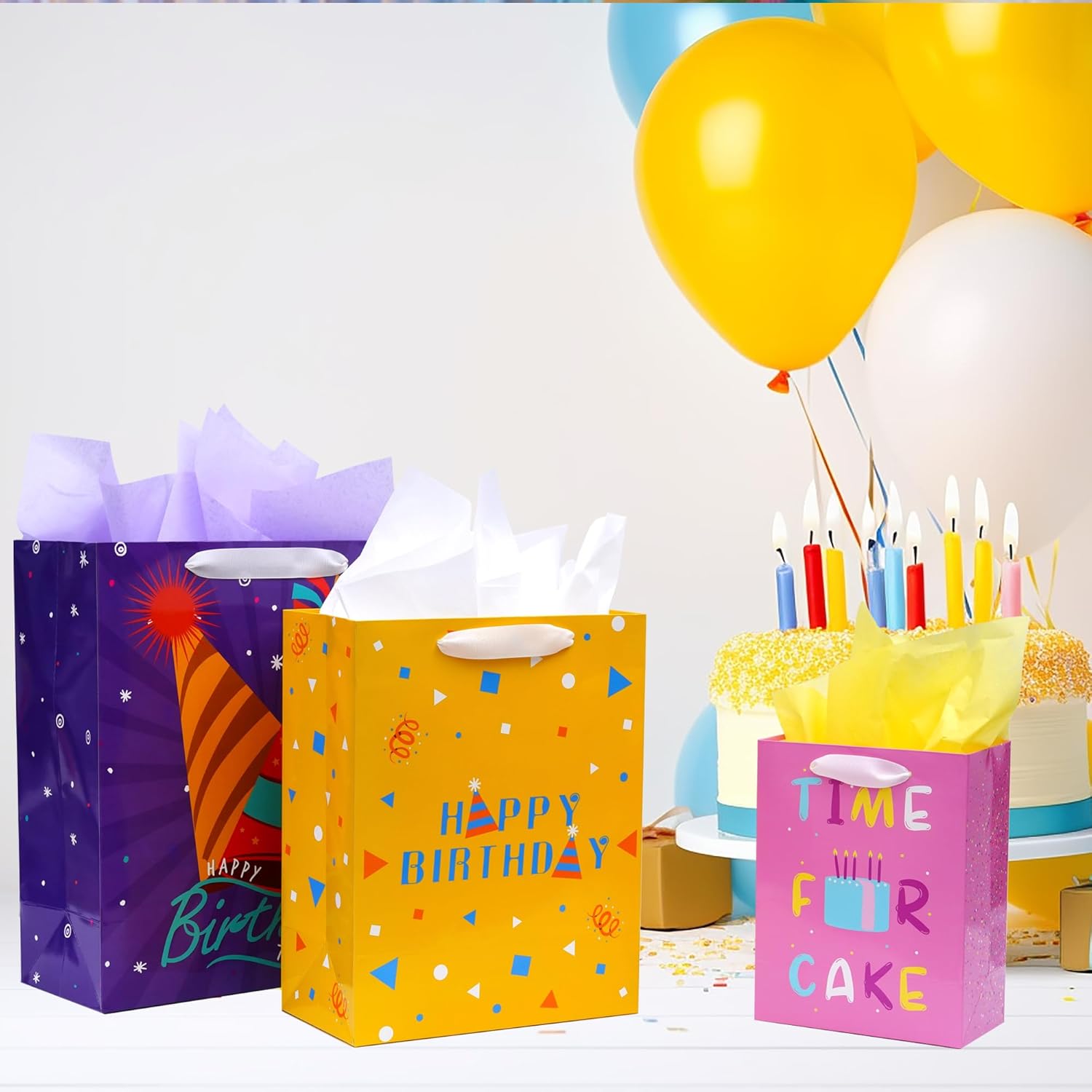 Nihuecne 8 Pack Birthday Gift Bags Assorted Sizes (2 Extra Large 15", 3 Large 13",3 Medium 9") with Ribbon Handle and Tissue Paper, Reusable and Perfect For Wrapping Present - Image 4