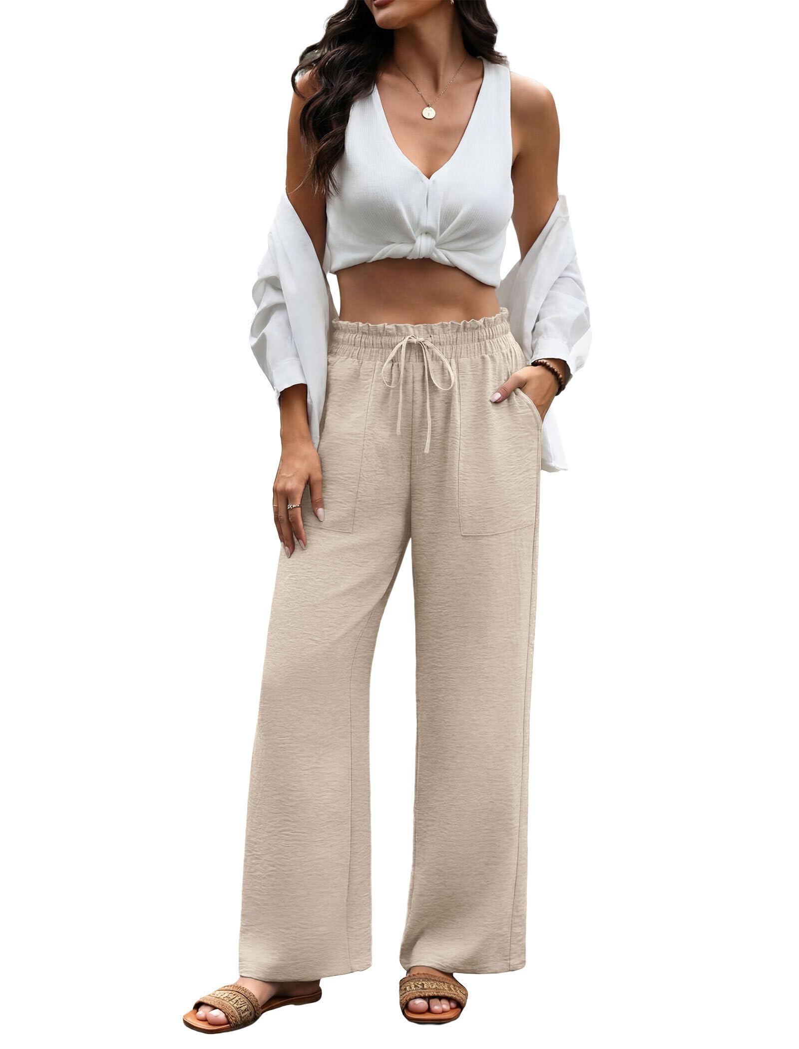 WIHOLL Women's Wide Leg Pants with Pockets Drawstring Loose Trousers Business Work Pants Summer Beach Vacation Clothes — view 3