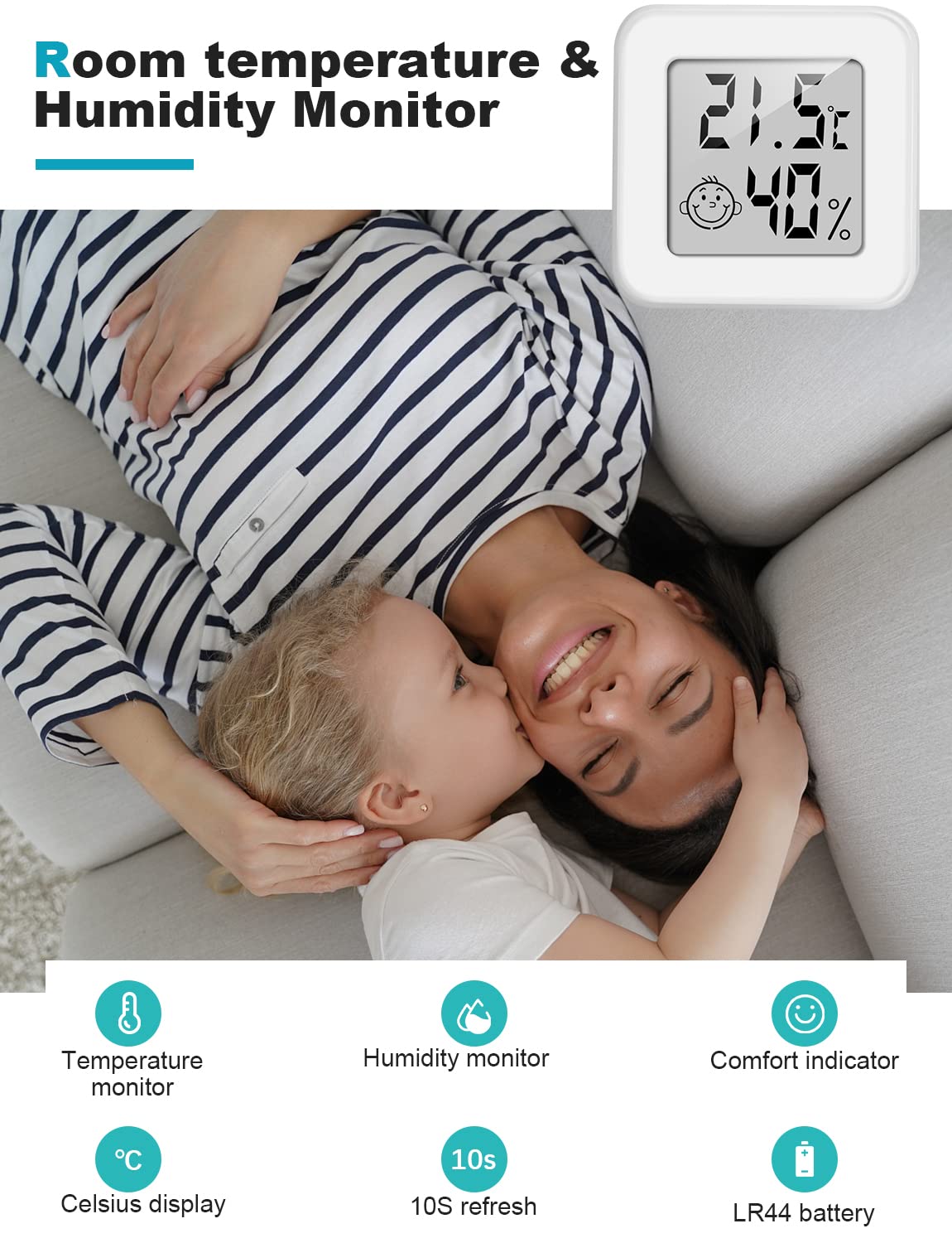 Graphic highlighting features: temperature monitor, humidity monitor, comfort indicator, Celsius display, 10s refresh, LR44 battery.