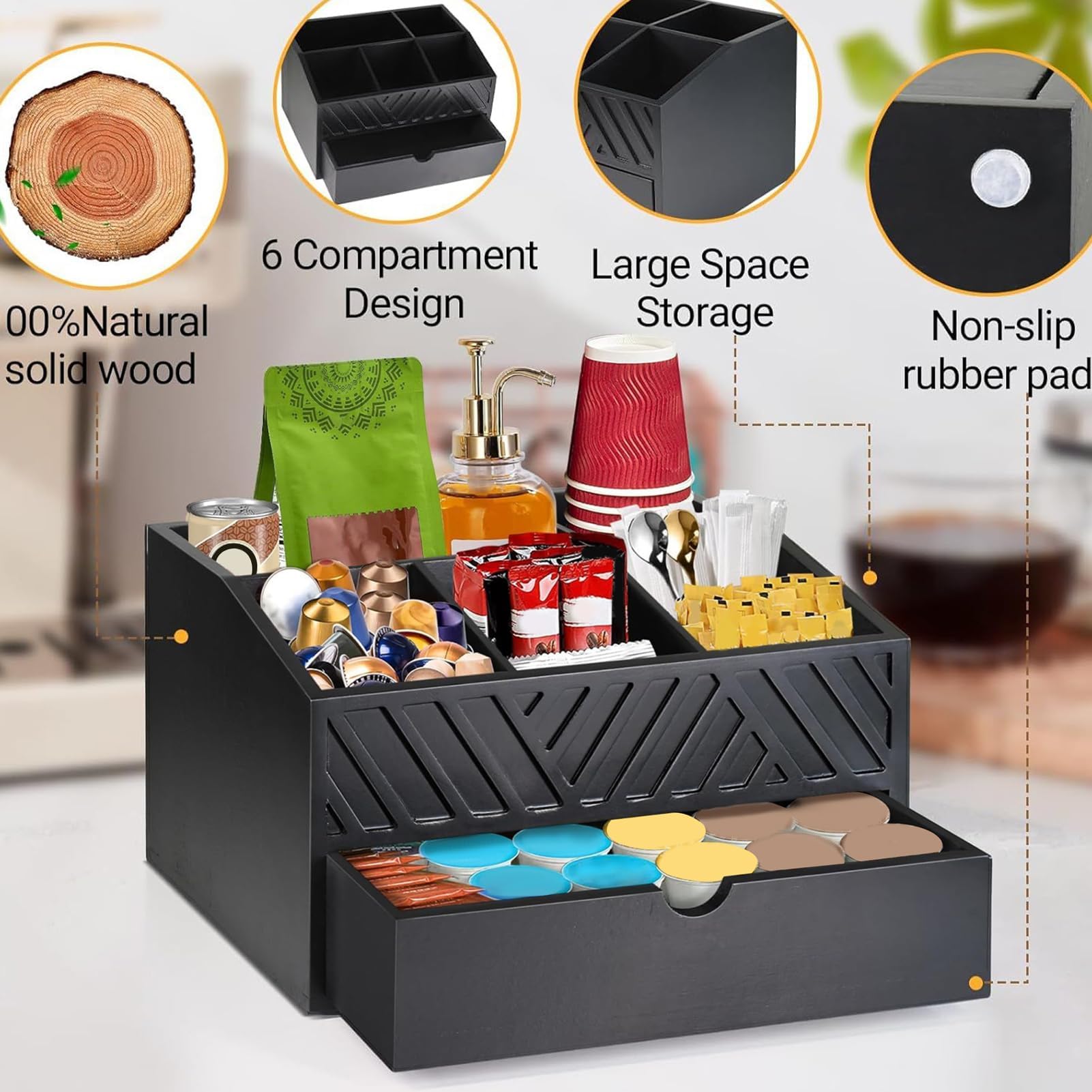 Scatola in legno per caffè e tè con 5 cartoni, per cucina, sala da pranzo, casa, ufficio, perfetta per gli amanti del caffè e gli appassionati di tè