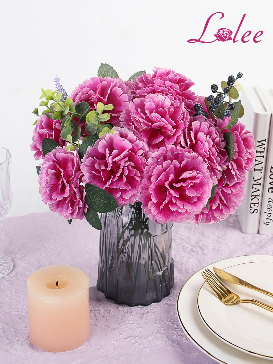 LELEE 108pcs Carnation Head Flowers with Stem - Purple Artificial Flowers Carnations Bulk - Silk Carnation Fake Flower for Wedding Bouquet Centerpieces Tables Grad Party Cemetery Gravesite Decor