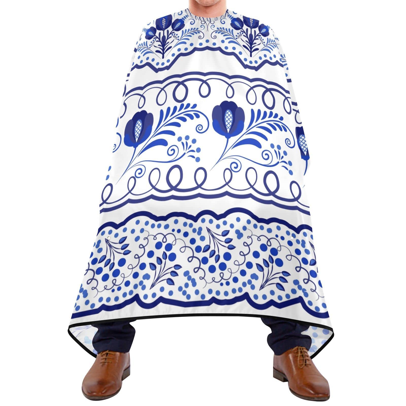 Capa De Peluquería 140x168cm, Azul Flor Blanca Cerámica Capa De Barbero Profesional Personalizada Transpirable Capa De Corte De Pelo, Para Barberías, Hogar