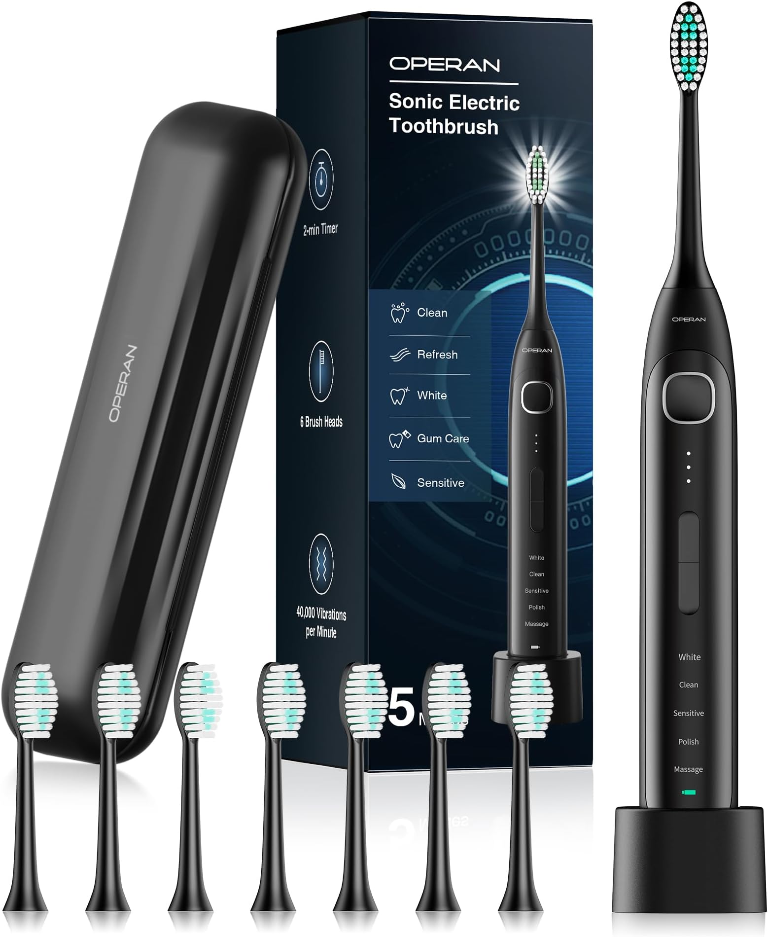 Electric Toothbrush for Adults and Kids Operan Sonic Rechargeable Toothbrush with 5 Modes 2-Min Smart Timer IPX7 Waterproof 40,000 VPM Motor with 8 Brush Heads & Travel Case Black