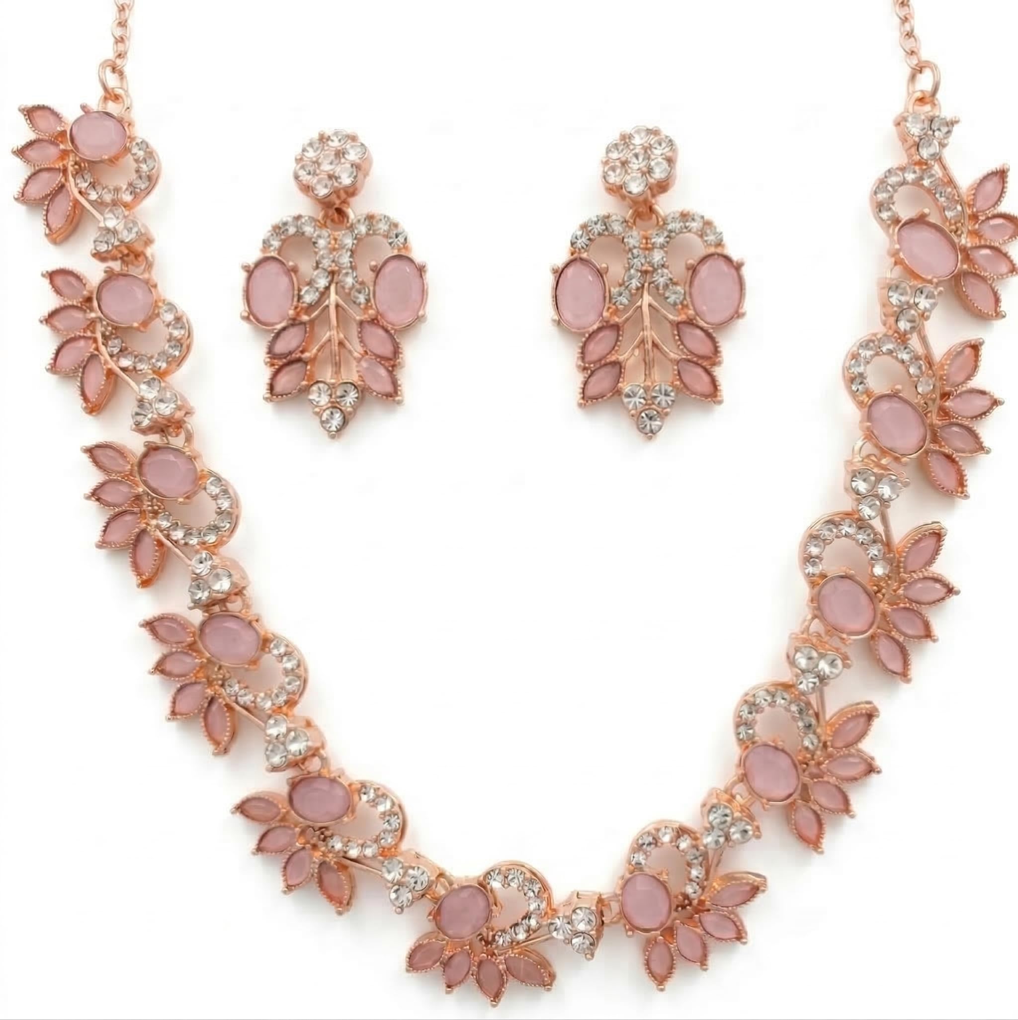 Alloy Rose Gold Plated Cubic Crystal Zirconia Necklace Jewellery Set With Earrrings For Women/Girls (Pink)-image-31