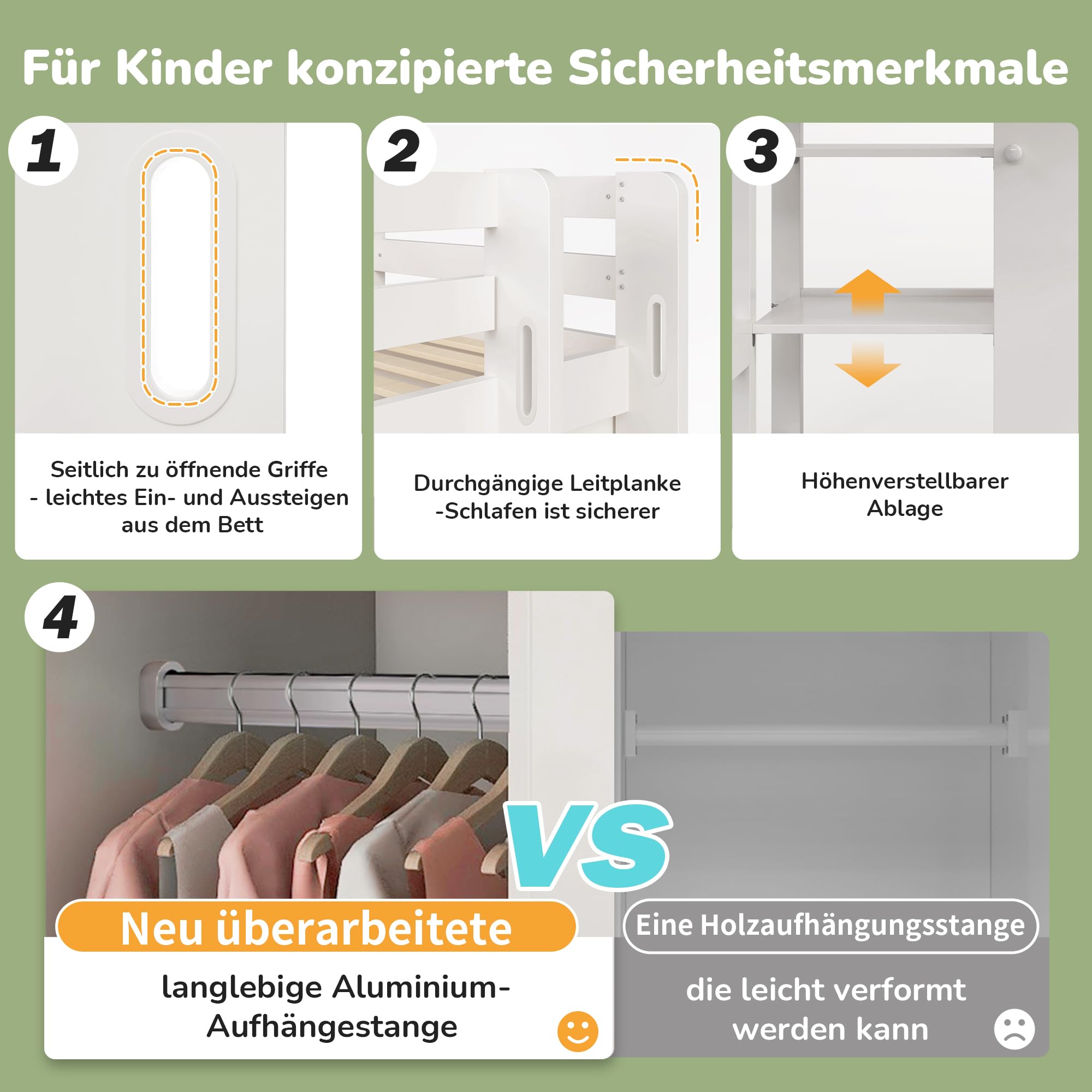 Merax Hochbett 90x200 cm, Kinderbett aus Holz mit Rausfallschutz und Treppe, Jugendzimmer mit Kleiderschrank und 6 Regalen, Vielseitiges Einzelbett mit Lattenrost, Spielbett für Jungen Mädchen, Weiß