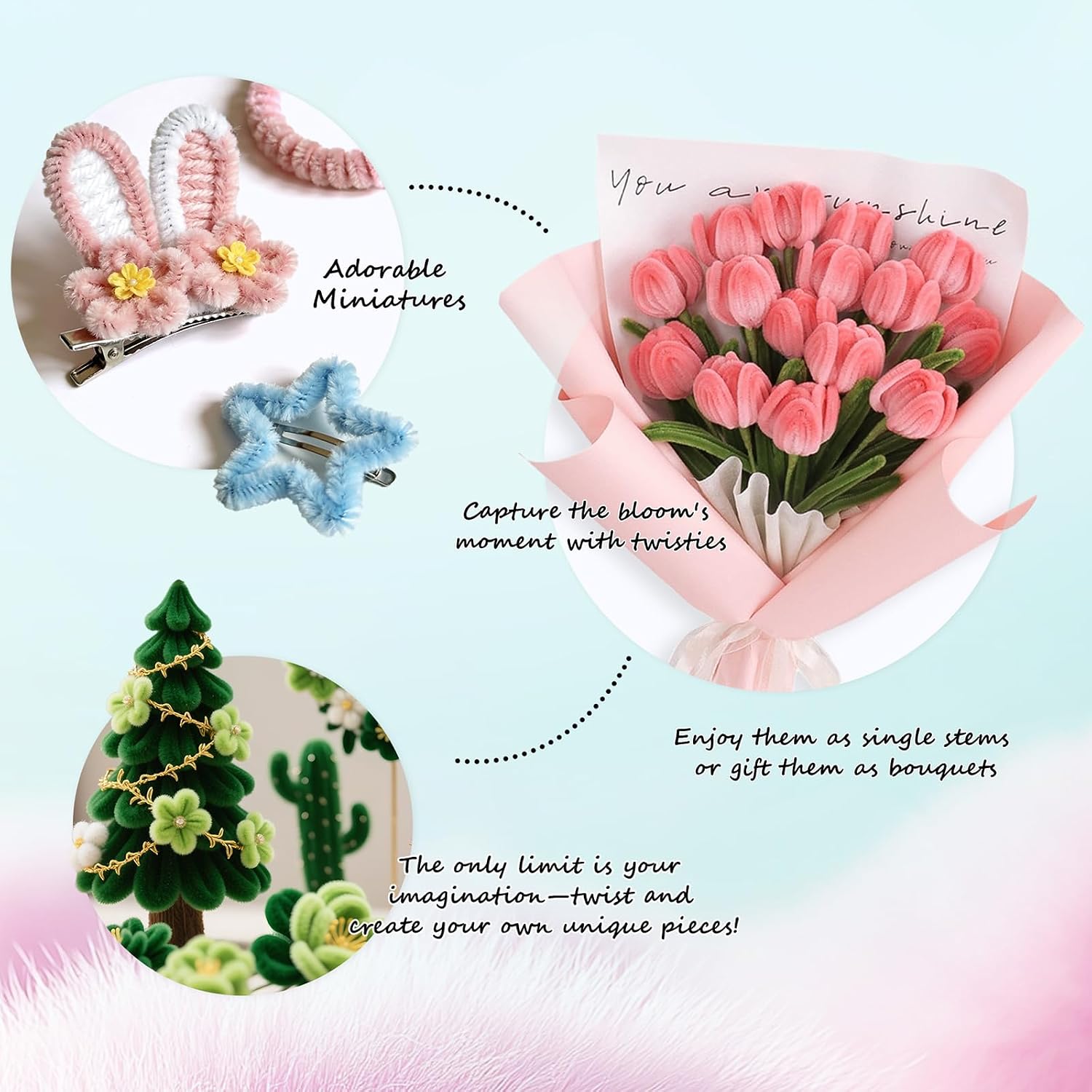 apinud Pipe Cleaners Flowers with Glue Gun, 500PCS Pipe Cleaners Craft Kits, Chenille Stems Bulk for Flower Making, DIY Gifts Arts Supplies for Bouquet Decorations