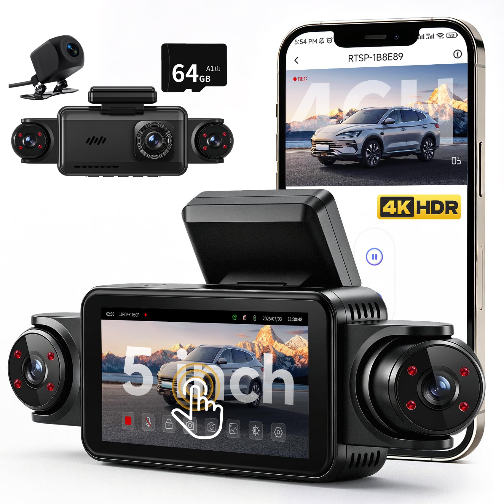 4 Kanal Dashcam 360° Dashcam Auto Vorne Hinten 4K+1080P, 5 Zoll IPS Bildschirm Dash Cam Auto Kamera mit WiFi Kostenlose 64 GB Karte,8 IR Lamp Nachtsicht,G Sensor,Loop-Aufnahme,APP Steuerung