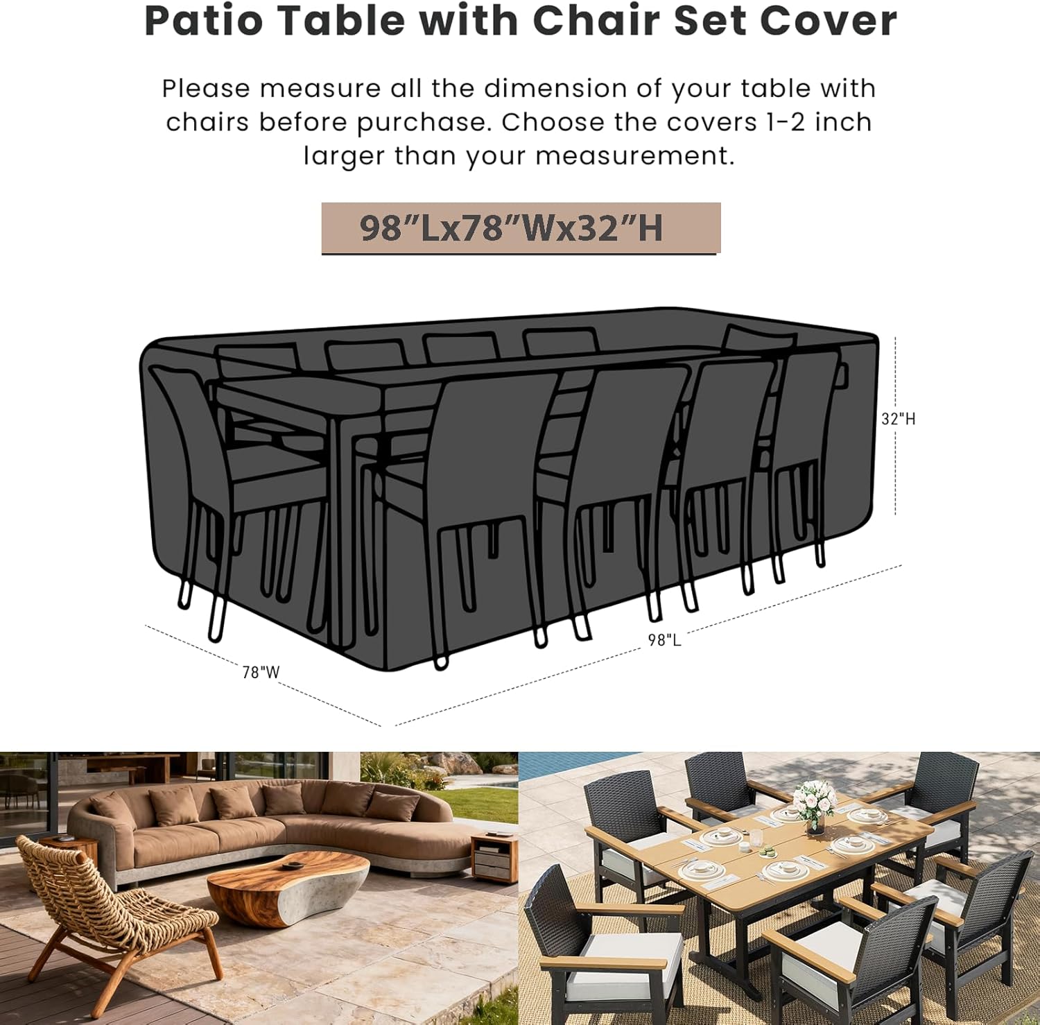 SheeChung Patio Furniture Cover Rectangular 98"L x 78"W x 32"H,Waterproof Outdoor Furniture Cover,Outdoor Sectional Sofa Set Covers,Patio Table Chair Set Covers Weather Resistant