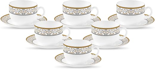 La Opala Diva, Sovrana Collection Opal Glass Crockery | Cup &amp; Saucer, Set of 12 | Moroccan Gold, 160 ml | for Tea &amp; Coffee...