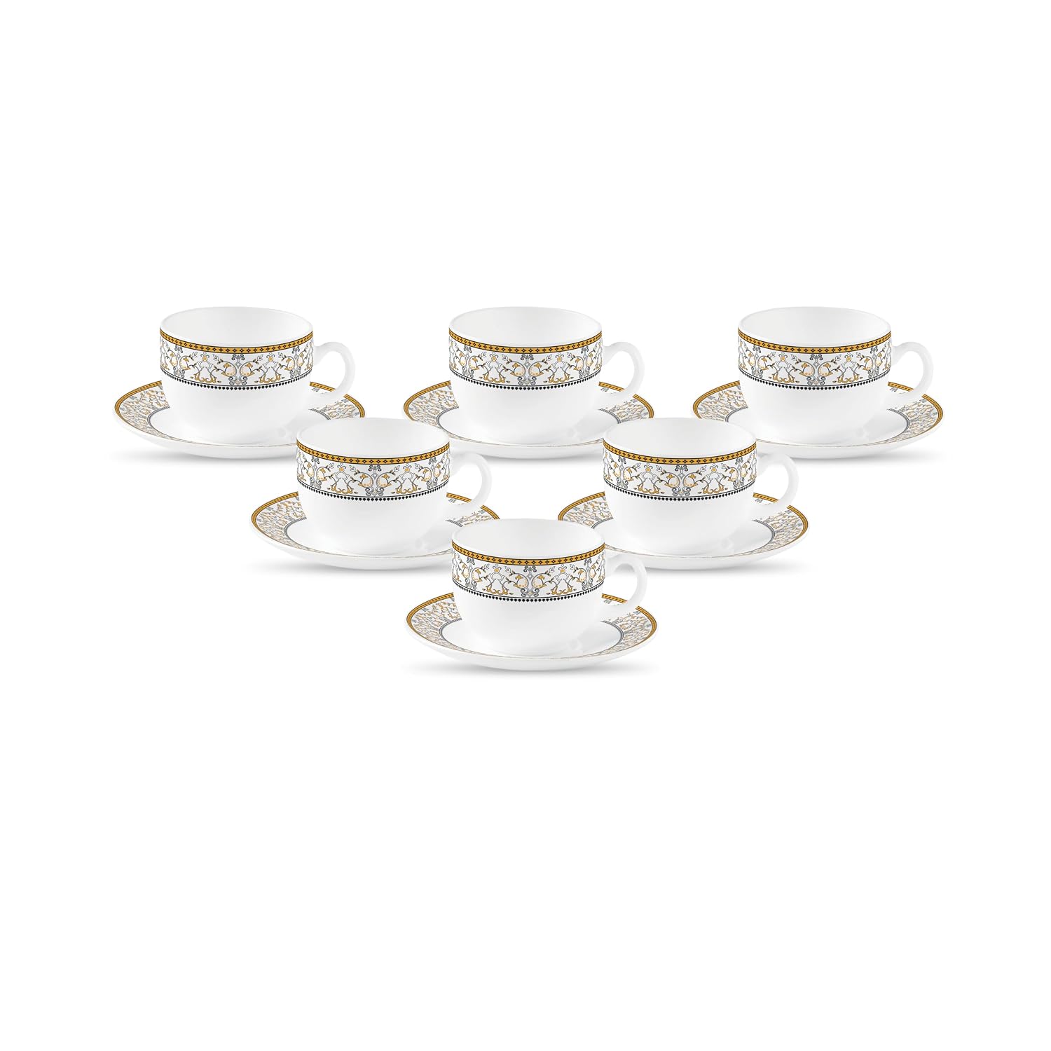 La Opala Diva, Sovrana Collection, Opal Glass Cup & Saucer Set 12 pcs, Moroccan Gold, White