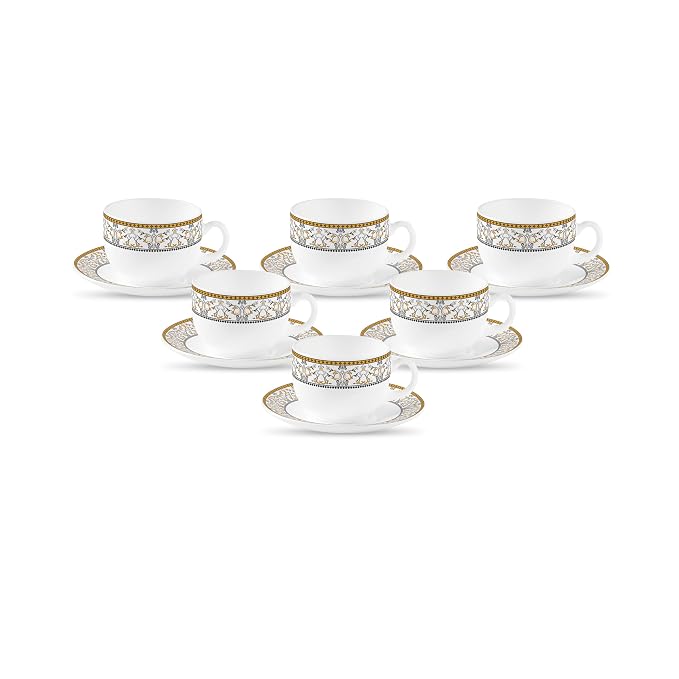 La Opala Diva, Sovrana Collection Opal Glass Crockery | Cup & Saucer, Set of 12 | Moroccan Gold, 160 ml | for Tea & Coffee | Microwave Safe | 100% Vegetarian | Extra Strong | Super Light | Super White