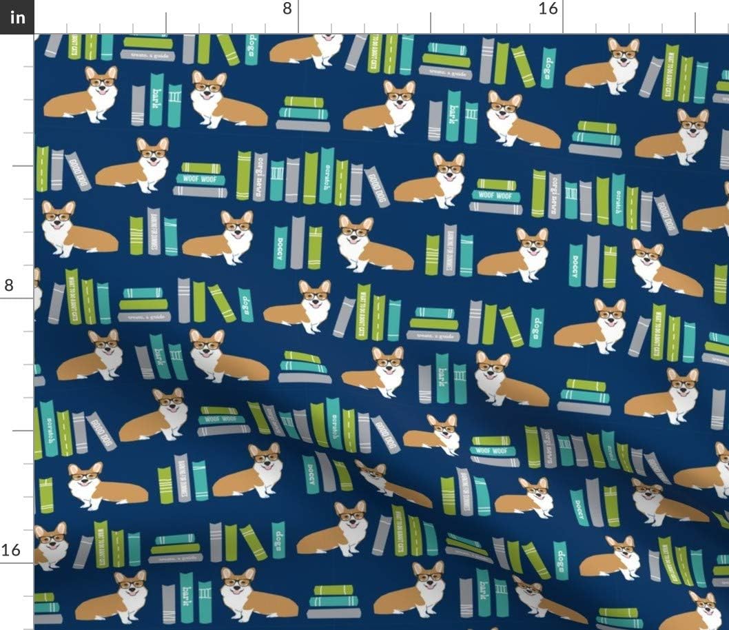 Spoonflower Fabric - Corgi Library Book Librarian Dog Books Corgis Pet Portrait Blue Printed on Cotton Poplin Fabric by The Yard - Sewing Shirting Quilting Dresses Apparel Crafts