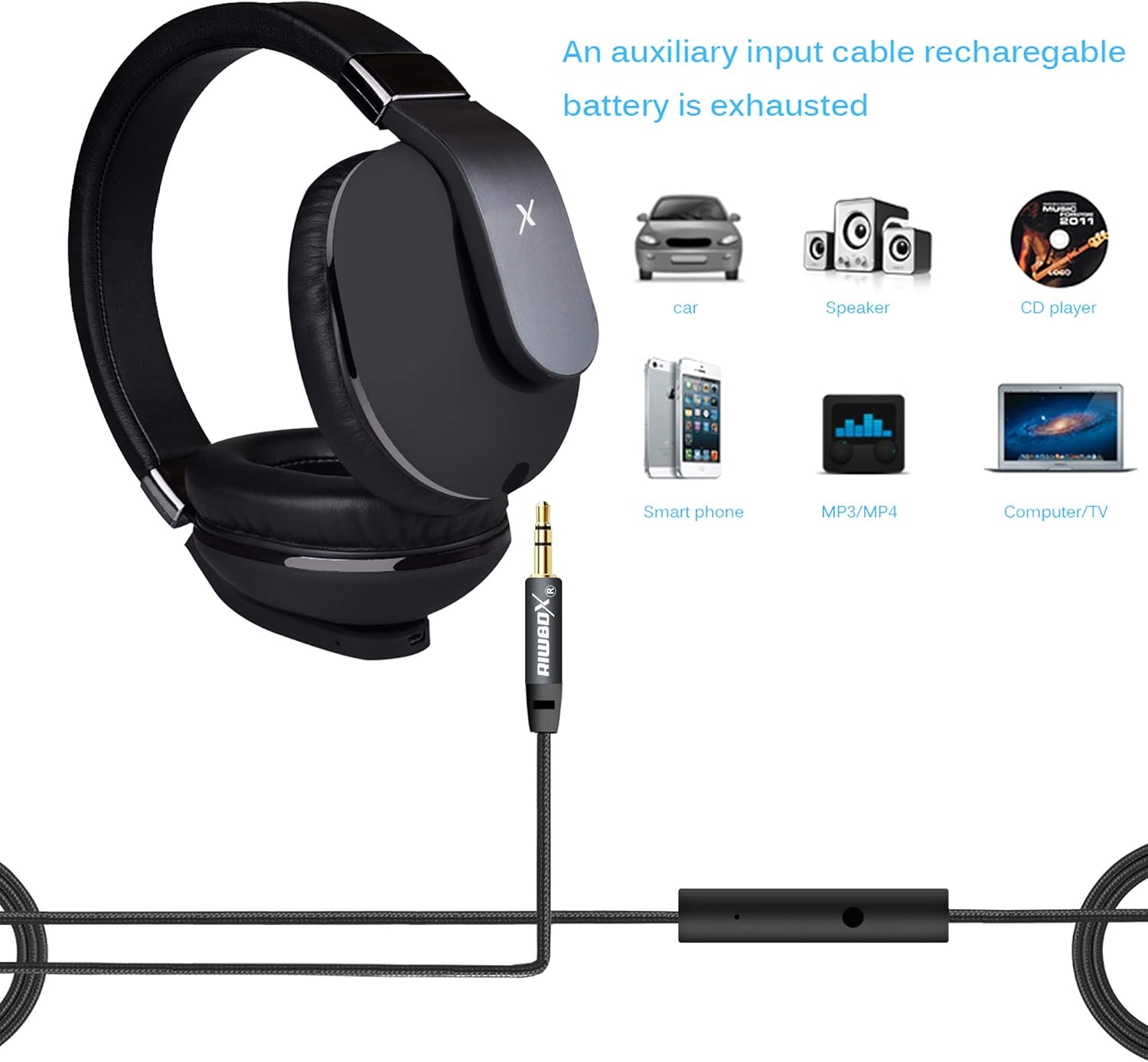 Riwbox XBT-780 Headphones connected via auxiliary cable to various devices