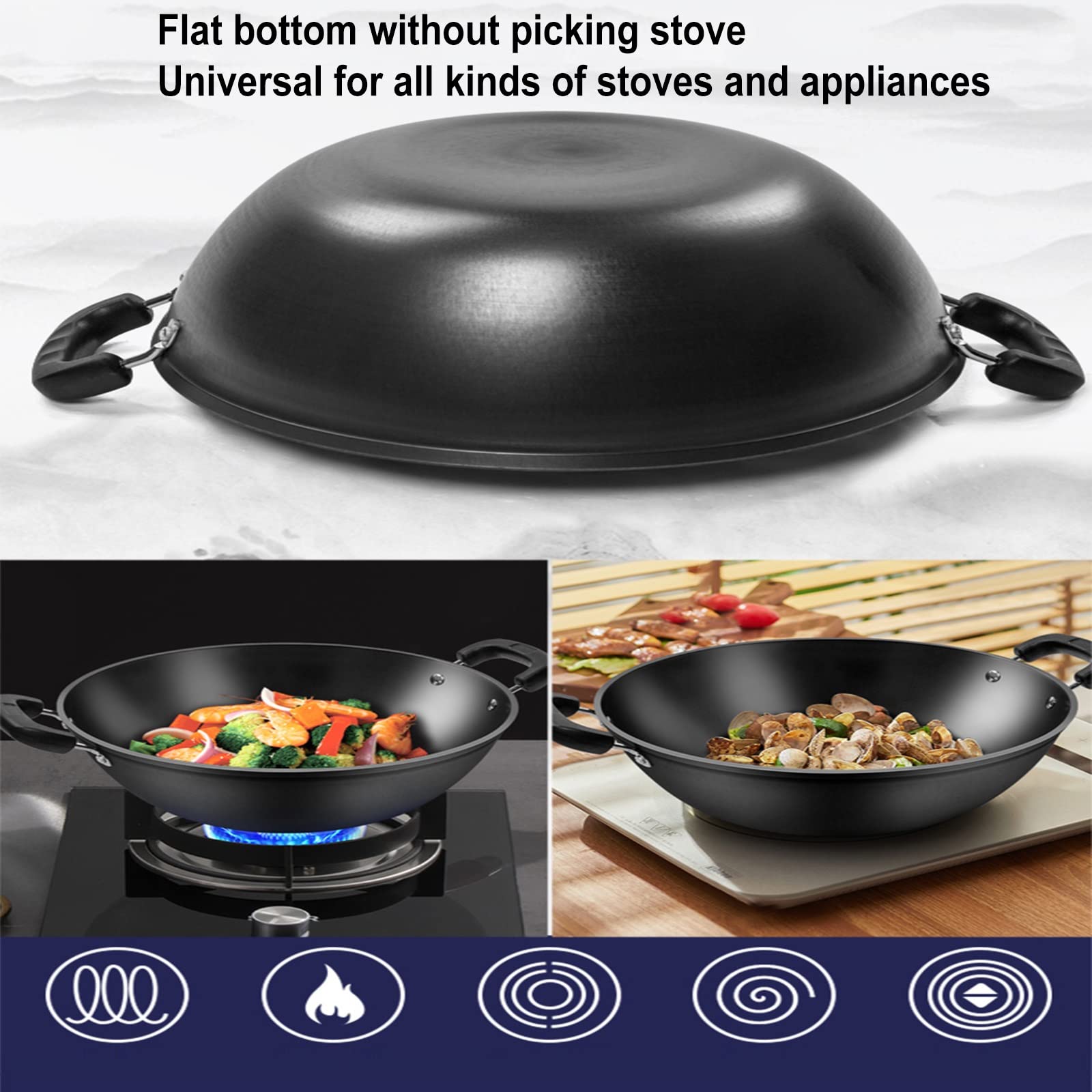 IMPREC Sartén De Inducción, Sartén Wok De Acero Al Carbono Wok De Fondo Planos con Tapa Wok De Acero Al Carbono For Estufas Eléctricas De Inducción Y Gas (Color : Noir, Size : 30x12cm)