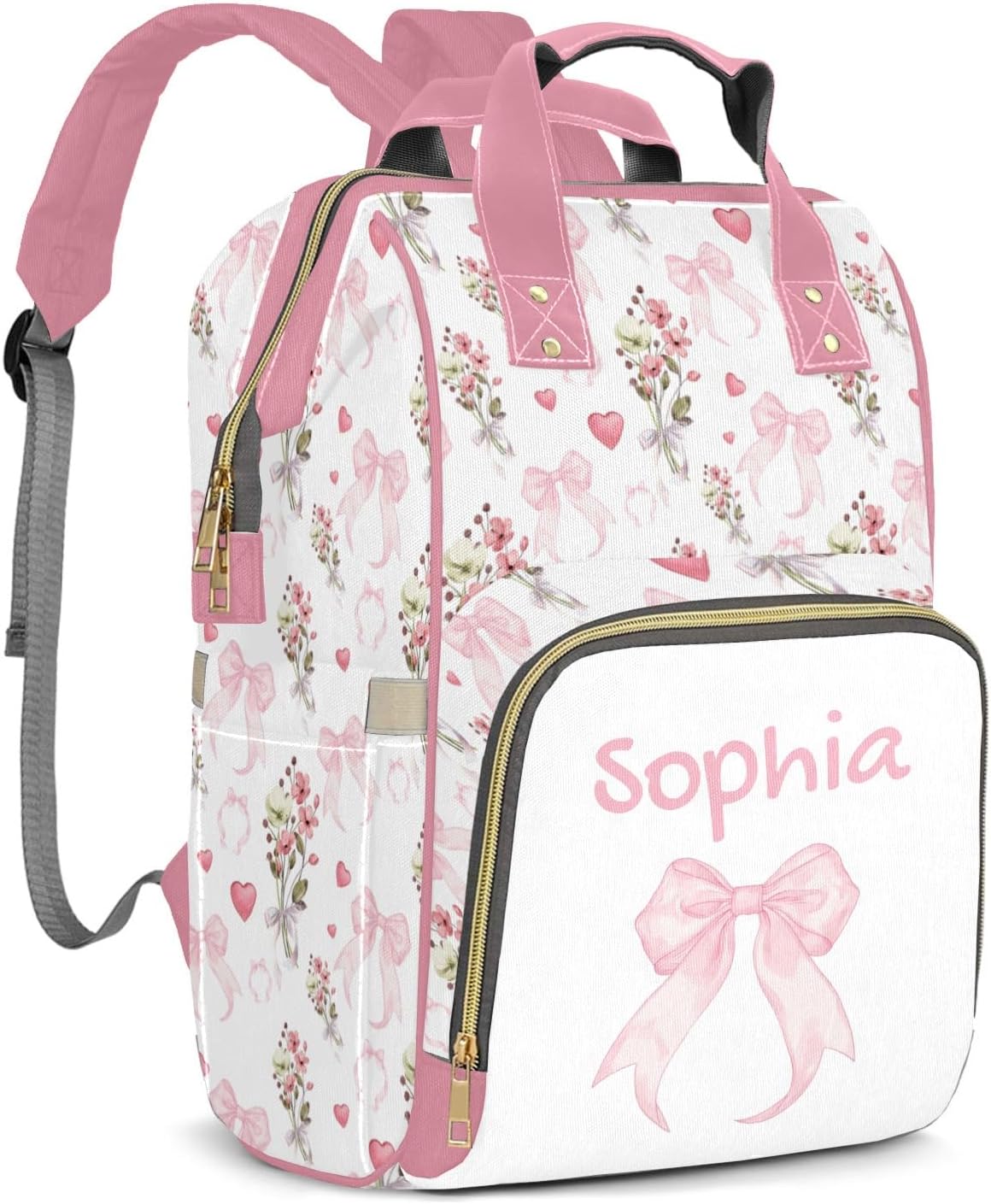 Personalized Cute Bow Diaper Bag Backpack with Name - Large Capacity Multifunctional Customized Mommy Bag, Waterproof, Stylish Custom Baby Newborn Infant Nappy Nursing Bag for Girls Moms