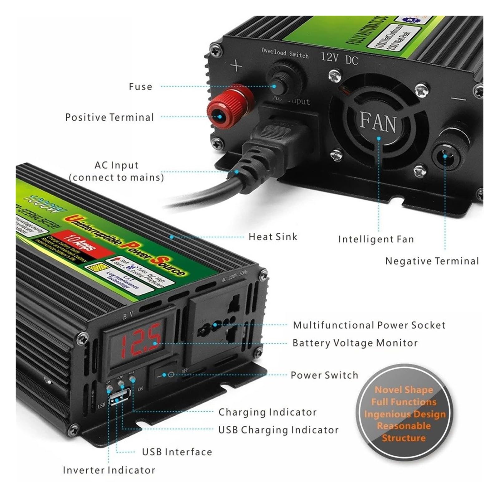 Inversor 350 W 500 W 1000 W CC 12 V CA 220 V 230 V 50 Hz/60 Hz Cargador Convertidor Inversor Carga Trifásico para Coche Inversor Potencia SAI Transformador(220-240V 50HZ,500W)