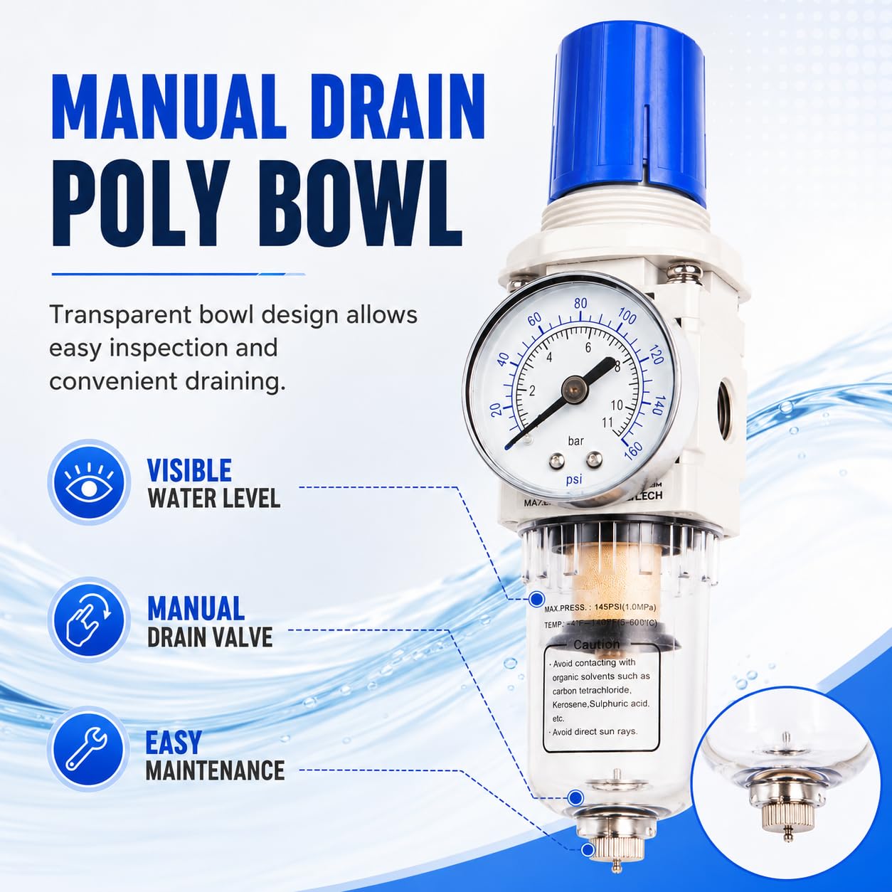 BLCH 1/4" NPT Air Compressor Regulator - Air Pressure Regulator, Air Dryer AW2000-02 Manual Drain Poly Bowl Gauge 0-160 PSI 5μm Brass
