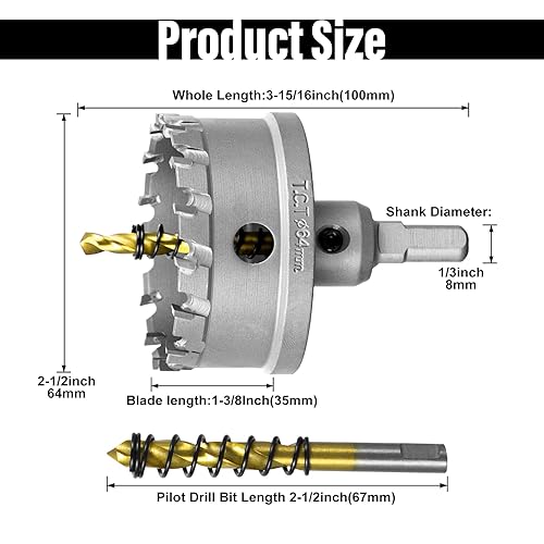 Miniatura 66 de SALI Kit de sierra perforadora TCT de 2-1/8 pulgadas (2.126 in) con punta de carburo de tungsteno con broca piloto chapada en titanio para metal