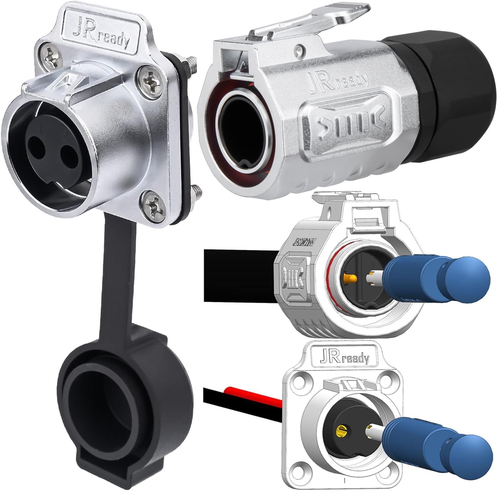 JRready Kit de conector industrial eléctrico impermeable de 2 pines, terminales sólidos chapados en oro 14-18 AWG con 2 pares (macho/hembra) conector de enchufe de metal IP68 para automoción