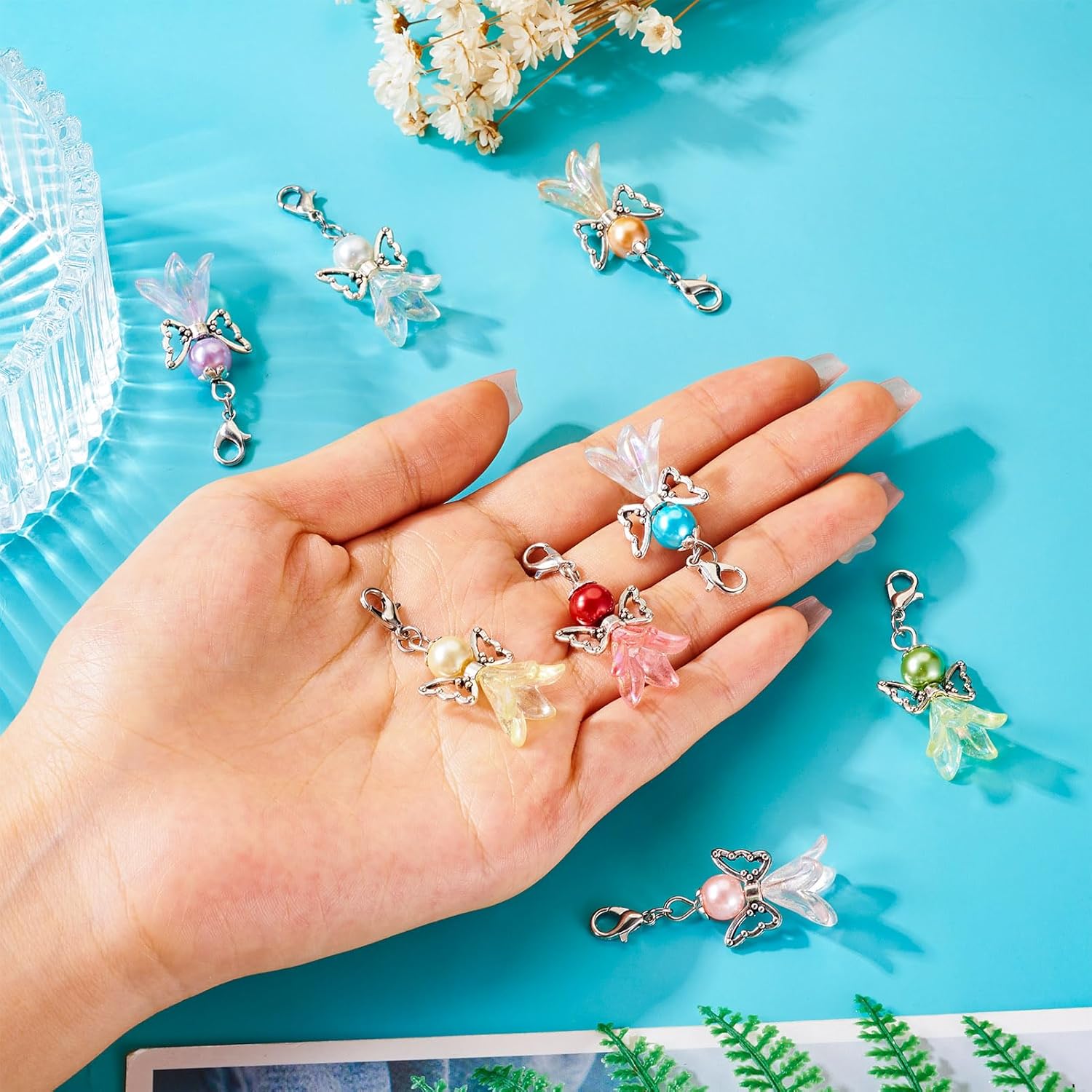 8Pcs Angel Pearl Beads Pendants Colorful Angel Wing Pendants Fairy Dangle Charms with Lobster Claps Angel Fairy Charms for DIY Bracelet Jewelry Keychain Bag Pouch Making - Image 6
