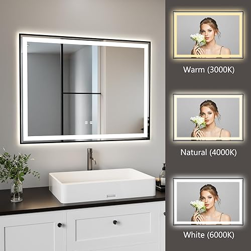 Miniatura 4 de ROOMTEC Espejo de baño negro de 36 x 30 pulgadas, espejo de tocador de baño con marco de aluminio para pared, frontal y retroiluminado, antivaho, 3