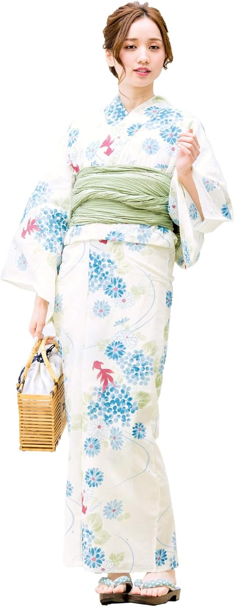 Amazon Soubien ソウビエン 浴衣セット レディース レトロ 白 アイボリー 水色 紫陽花 菊 流水 金魚 花 綿麻 女性 花火大会 兵児帯 薄緑 浴衣 通販