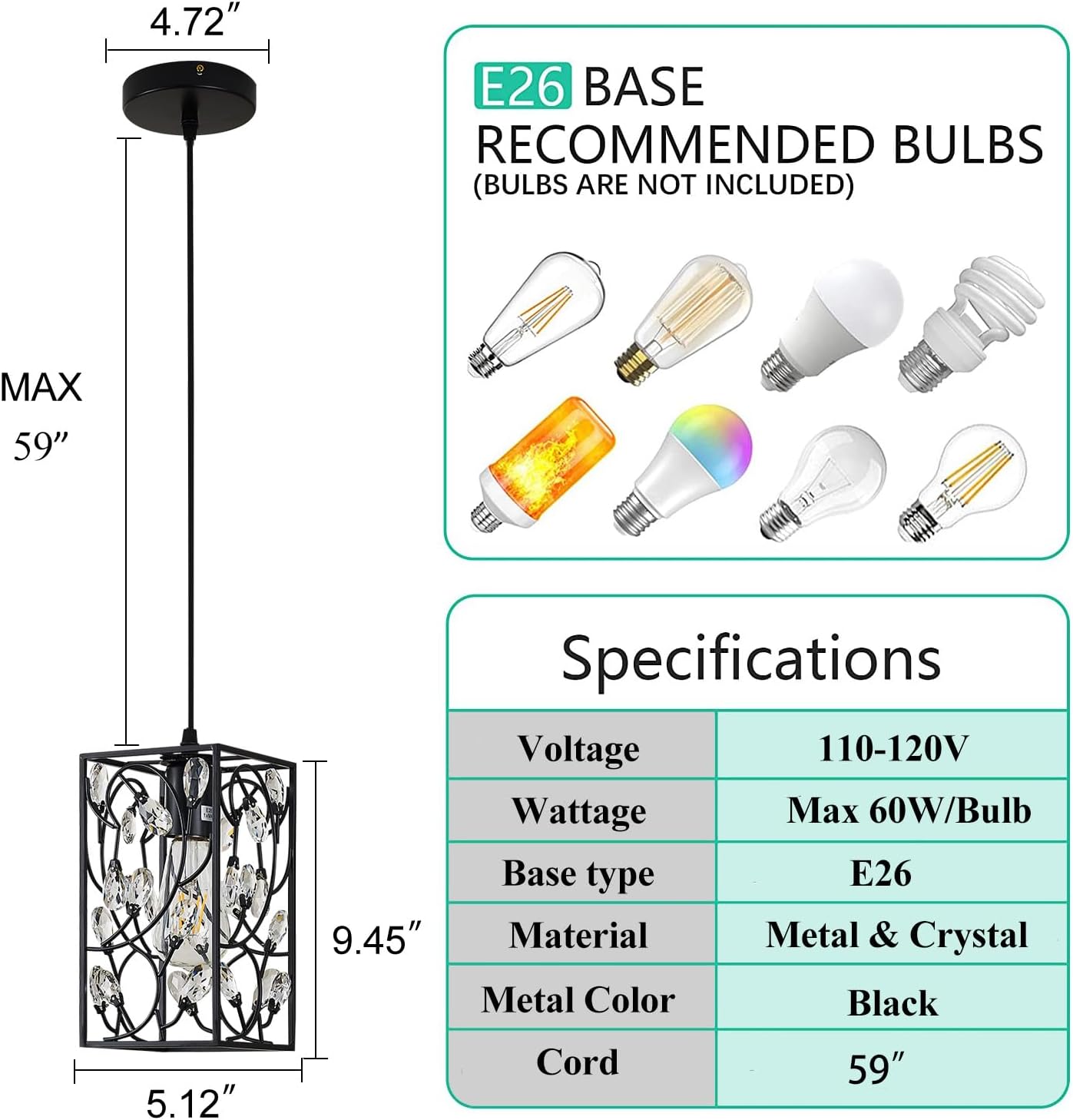 Modern Mini Crystal Pendant Light with Metal Cage 1-Light Rectangular Pendant Lighting Fixture for Kitchen Island Sink Countertop Dining Room Farmhouse, Matte Black Finish