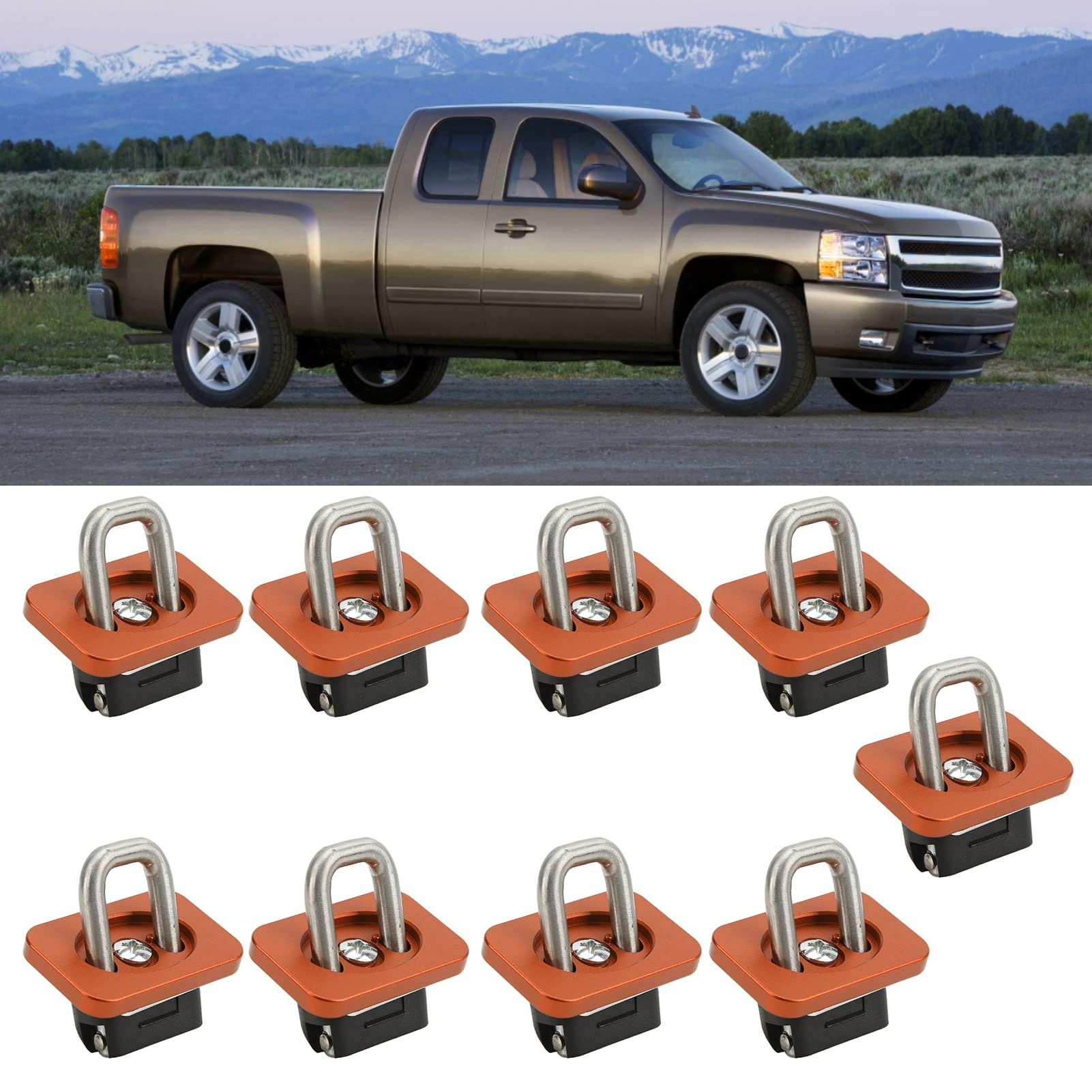 Anclajes de amarre para cama de camión, resistentes, 1000 libras, rodamientos de carga, anillos retráctiles de acero inoxidable para Silverado Sierra Colorado Canyon, 9 unidades (Naranja)