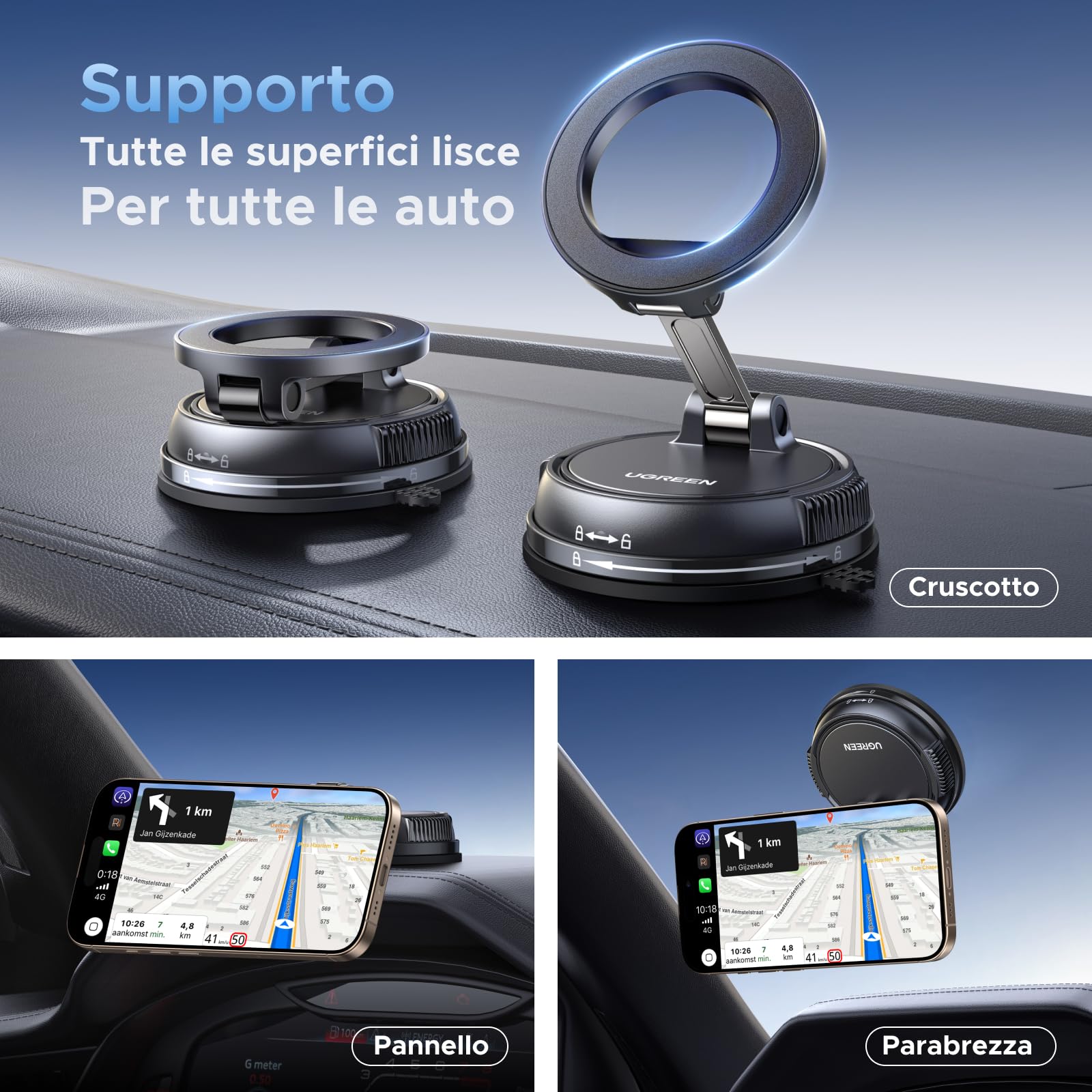 UGREEN Supporto Telefono Auto Magsafe Potente Ventosa Magnetico Porta Cellulare Auto Rotazione a 360° per Cruscotto Compatibile con iPhone 17 Pro Max Air 16 15 14 Galaxy S25 S24 Pixel 10 9, Nero