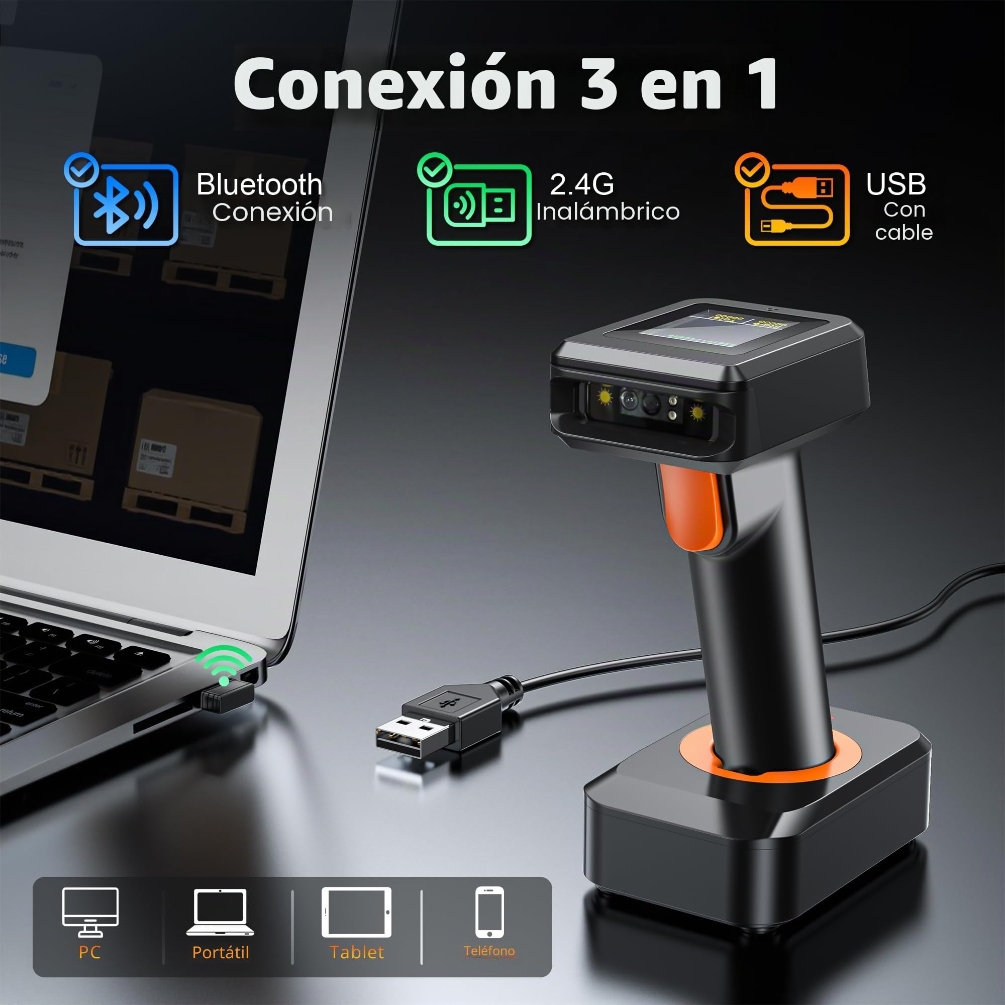 Tera Lector de Codigos de Barras Inalambrico Inventario 1D 2D con Pantalla Escaner de Codigo de Barras Bluetooth con Receptor Inalambrico Base del Cargador y Cable USB Compatible de Windows, Android