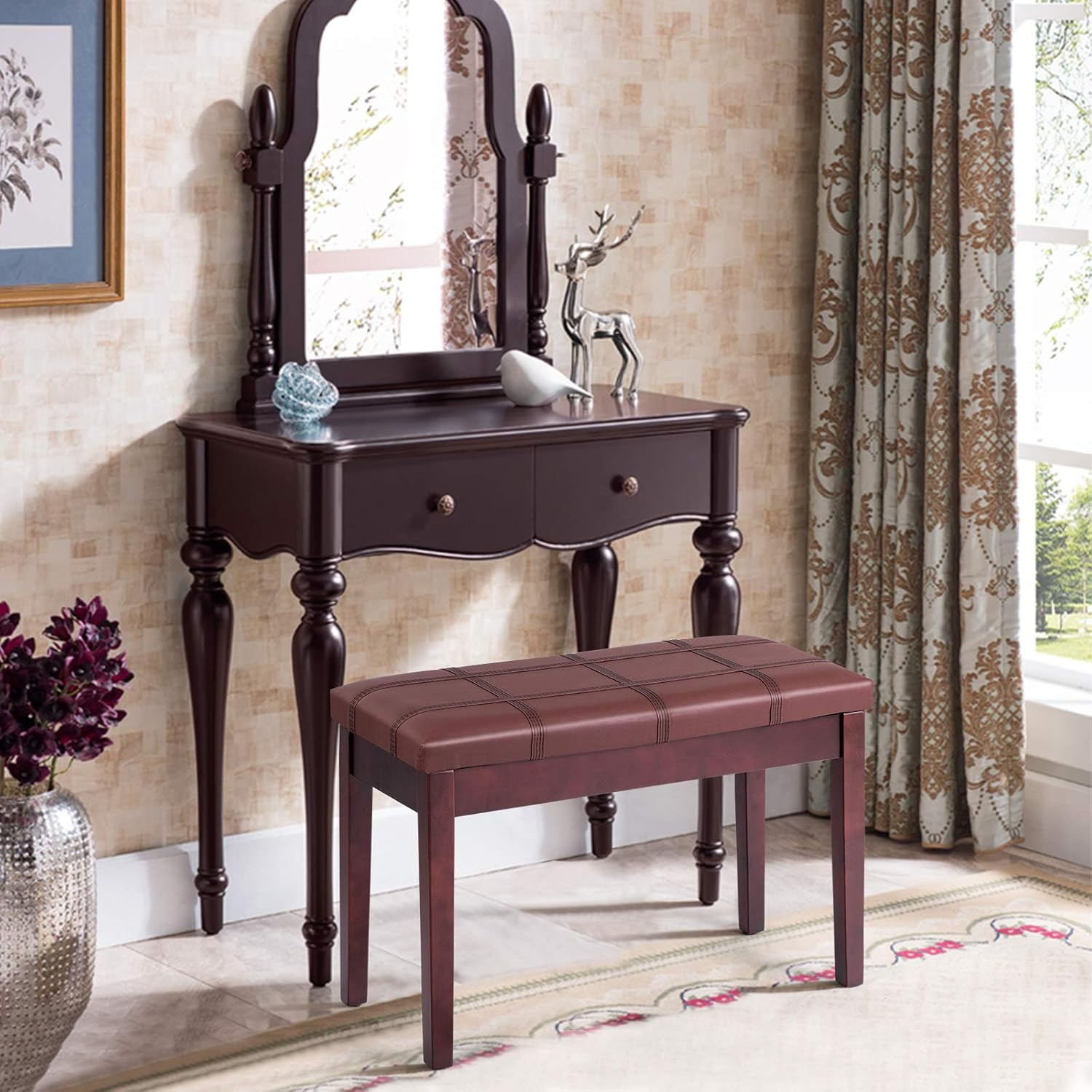 Giantex Duet Piano Bench with Storage, Keyboard Bench with Padded Cushion, Solid Wood Legs, Storage Compartment, Comfortable PU Leather Piano Stool with Locking Hinge & Anti-Slip Pad