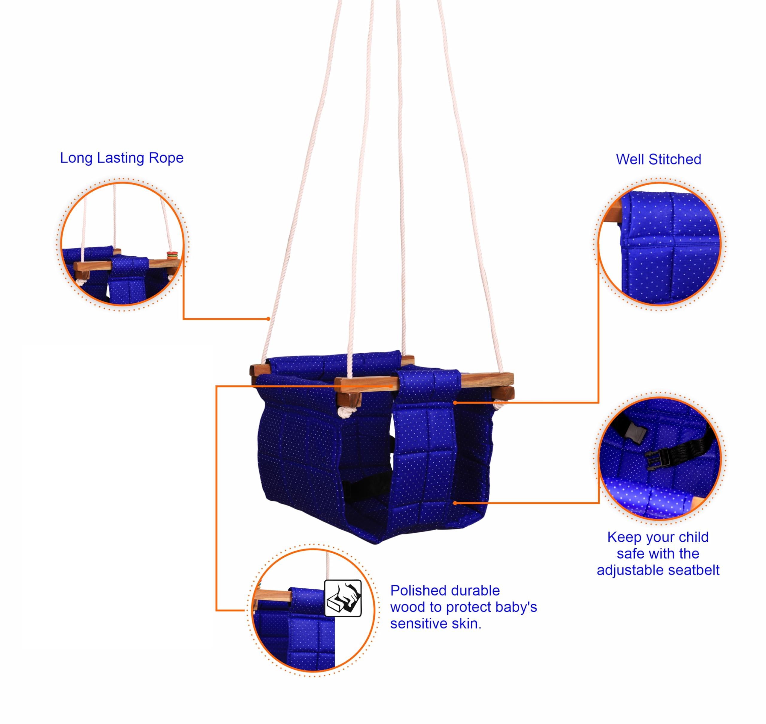 Ashish Swing for Baby and Kids - Indoor/Outdoor Jhula, Cradle for 8-36 Months, Height 114" Length 8.5"Cm, Cotton and Wood Material (Blue) 3