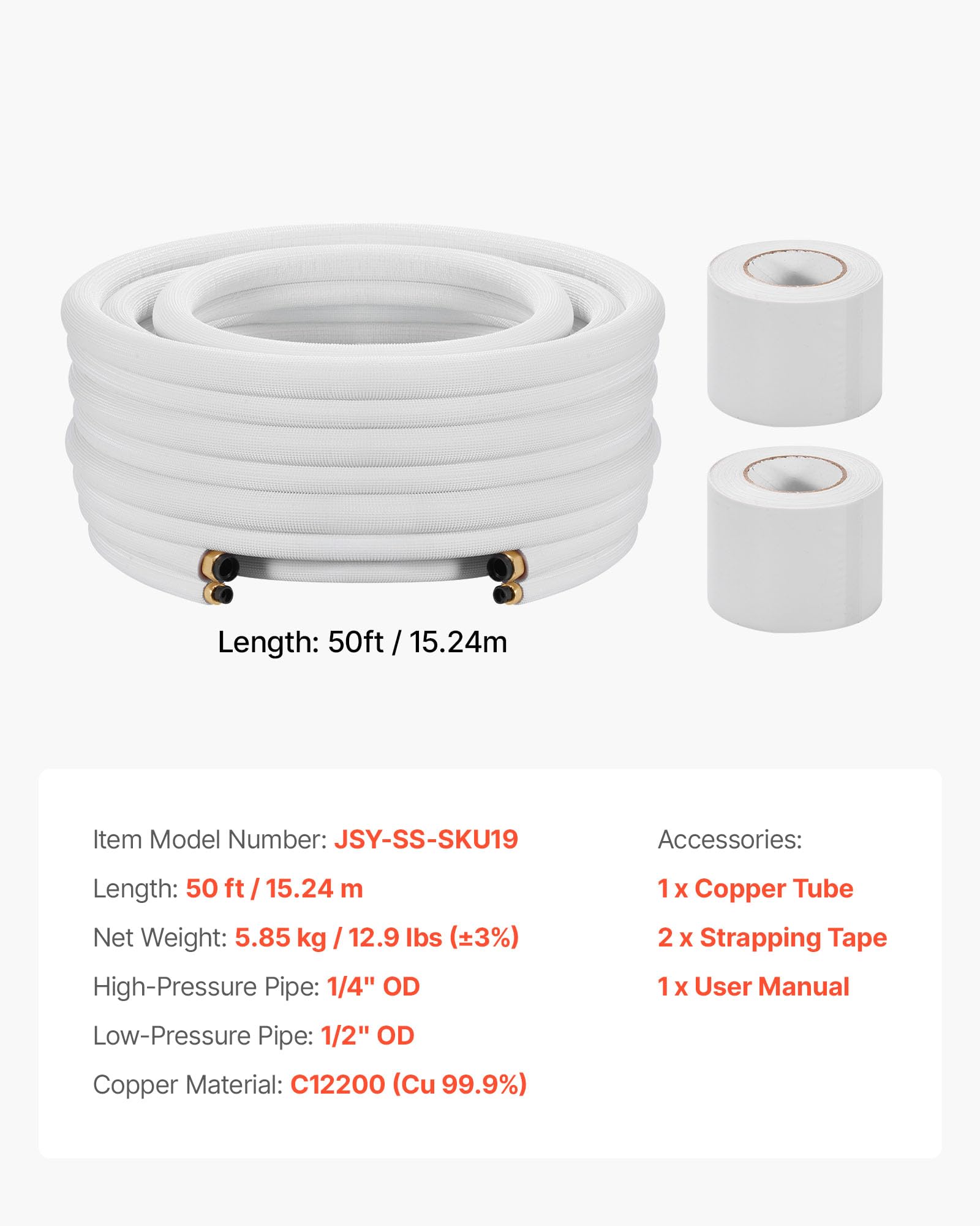 VEVOR Conducto Refrigerante de Cobre Largo de 15,24 m, Tubo de Cobre Aislado Diámetro Exterior 6,4 mm y 12,7 mm, para Sistema de Mini-split de Aire Acondicionado, Tubo de Bobina Aislante de PE