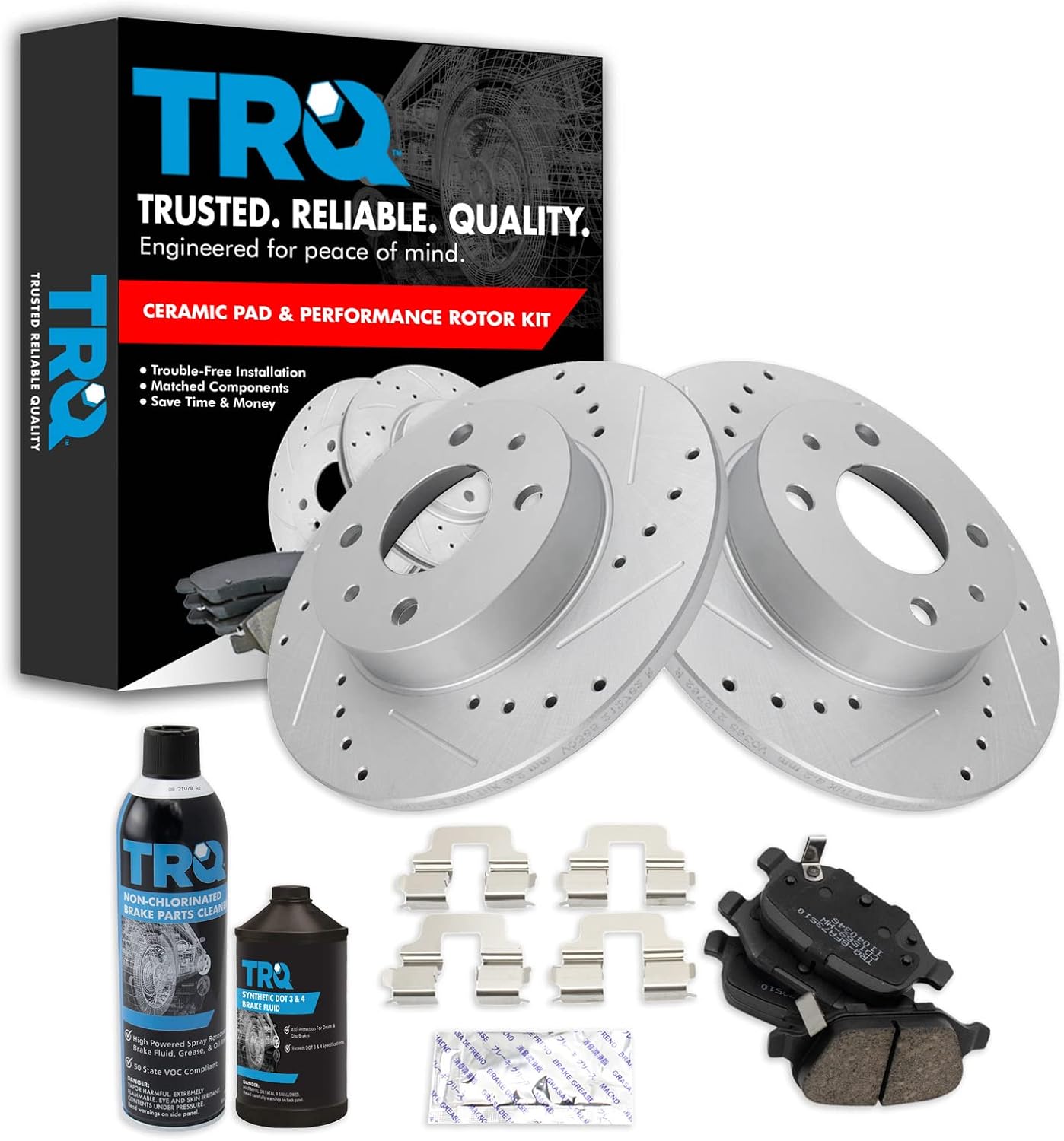 TRQ Rear Performance Brake Pad & Rotor Kit Brake Chemical Kit Brake Pads Brake Rotors Set Ceramic Premium G-Coated Compatible with 2012-2019 Fiat 500
